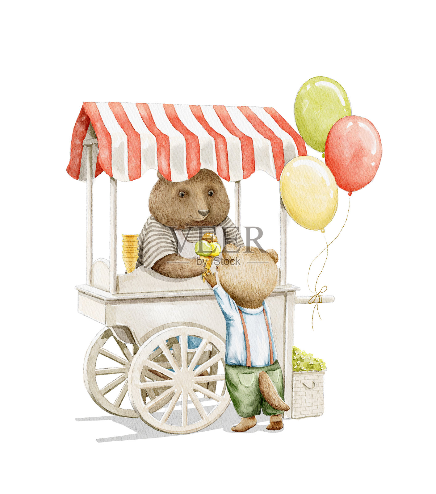 水彩画插图与两只动物在夏天买冰淇淋插画图片素材