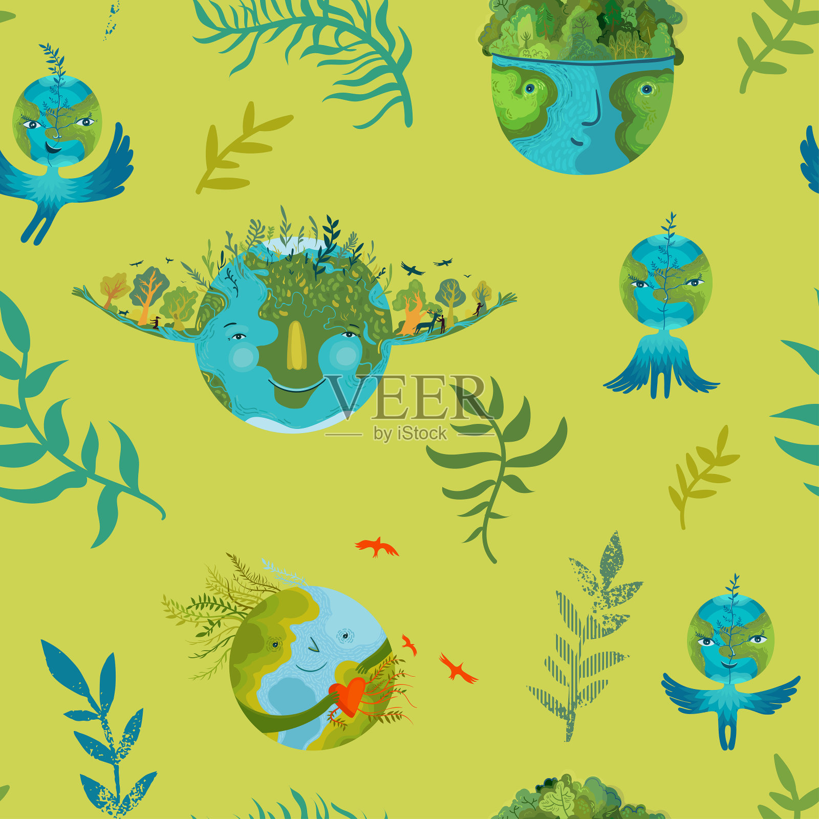 矢量生态无缝图案与可爱的星球地球插画图片素材