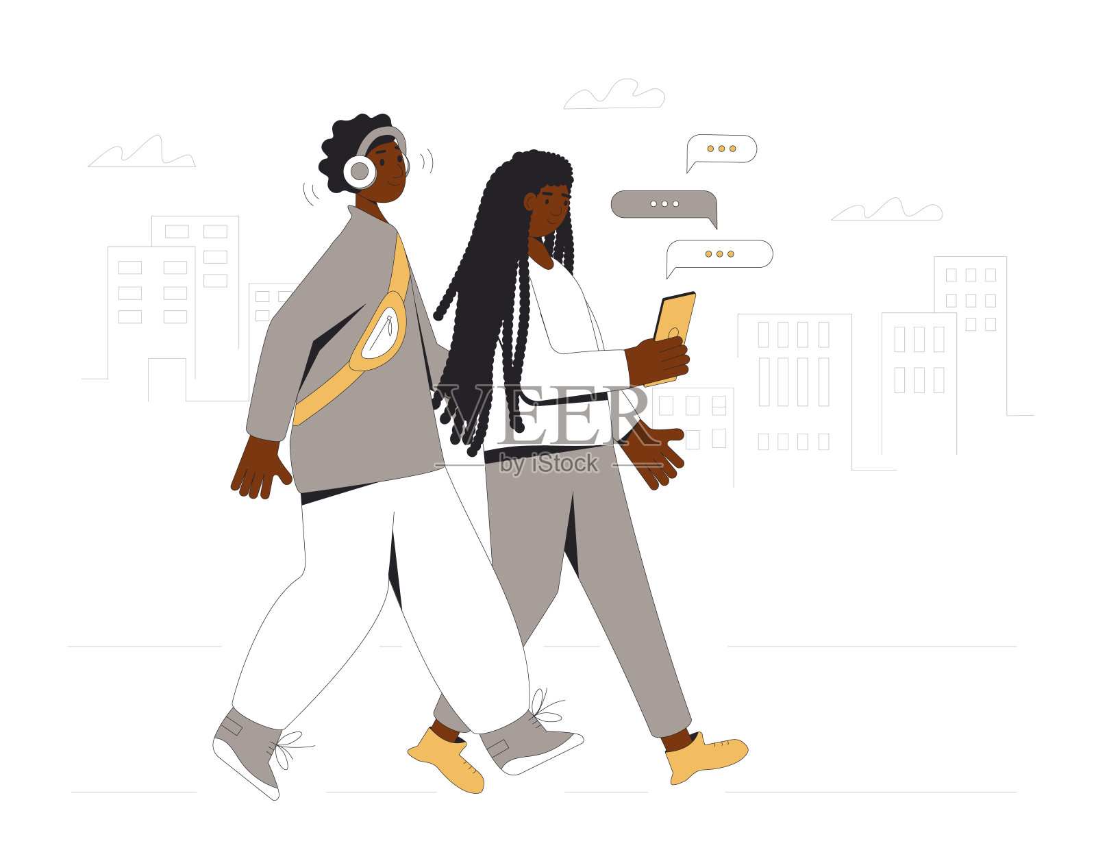 两个非洲裔美国青少年一起走在街上。年轻男女朋友穿着休闲装，带着电话和耳机。对。矢量插图。设计元素图片