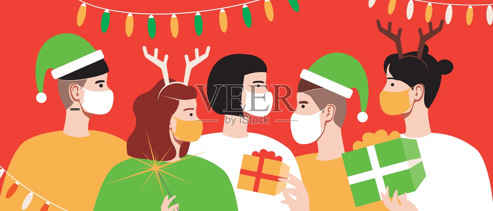 圣诞派对，封锁新冠病毒的人们，平面矢量图稿和朋友们戴着口罩在圣诞派对上保护新冠病毒插画图片素材