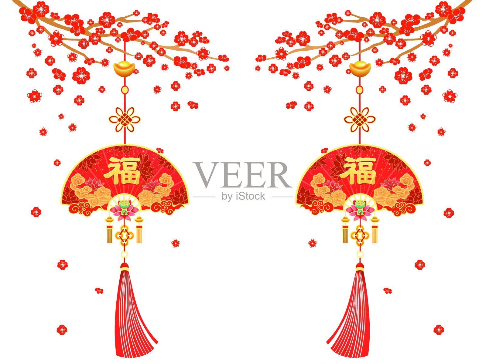 中国红喜庆新年福字梅花扇门贴窗贴设计元素图片