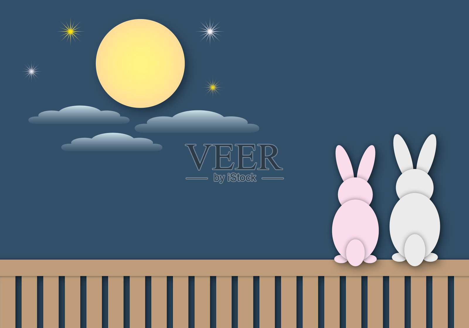 午夜满月和可爱的兔子，中秋概念和贺卡。插画图片素材