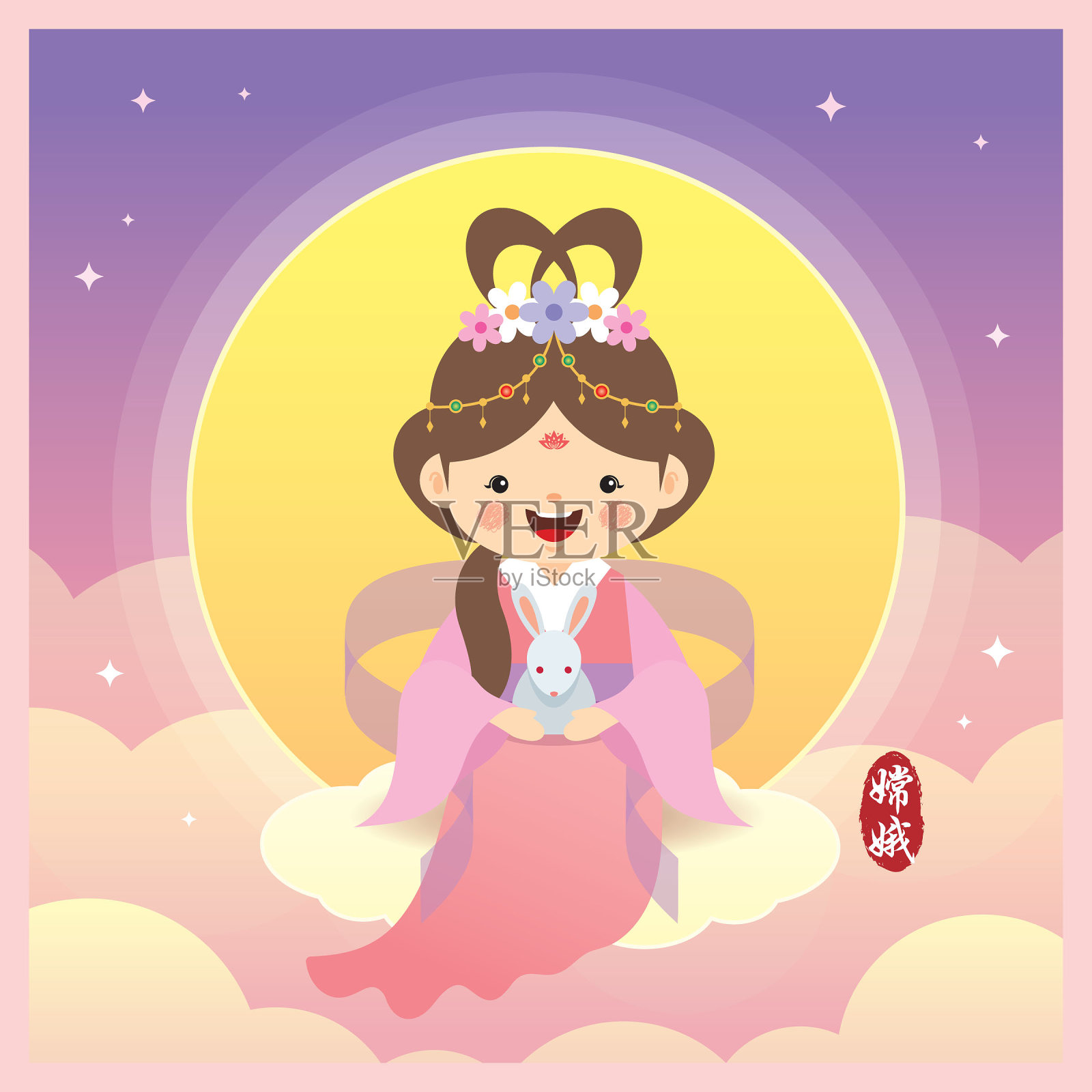 中秋节-卡通嫦娥(月亮女神)和兔子与满月插画图片素材