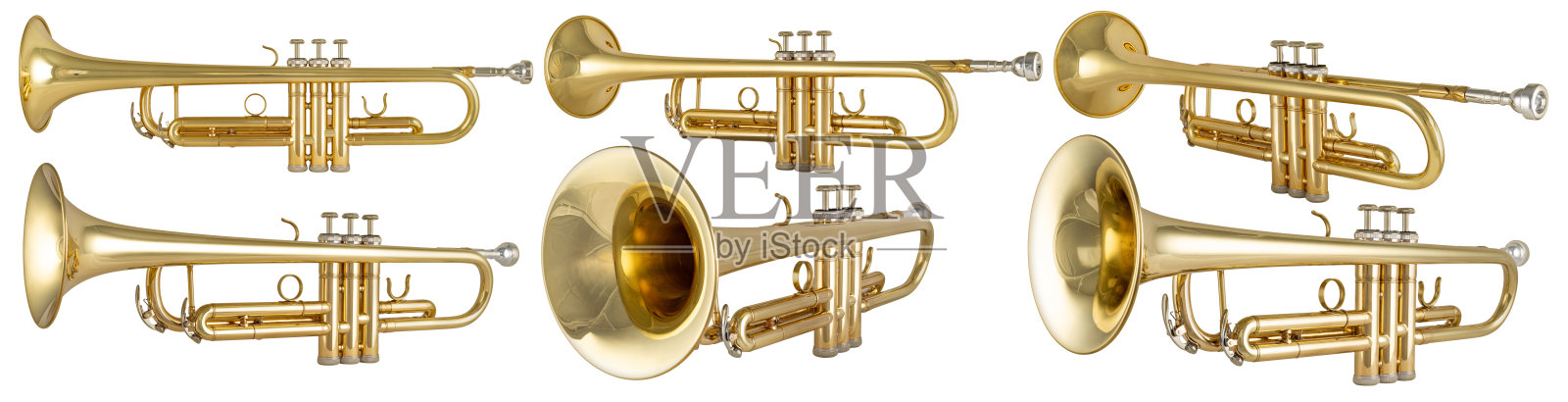 集金光闪闪的金属铜管小号音乐乐器孤立的白色背景。音乐娱乐乐队概念。照片摄影图片