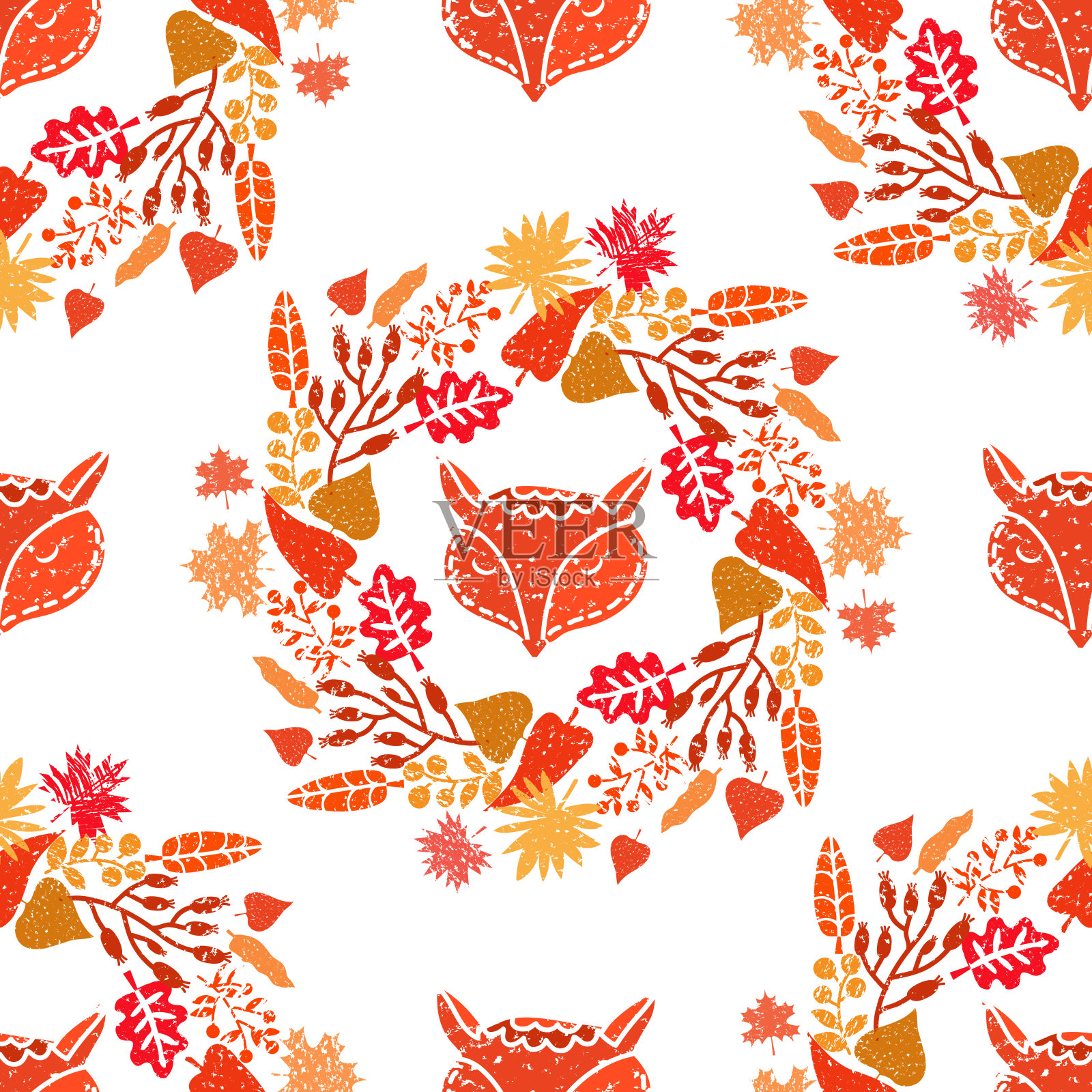 可爱无缝的卡通风格的秋季图案。南瓜，狐狸，花环，橡子，浆果和树叶。插画图片素材