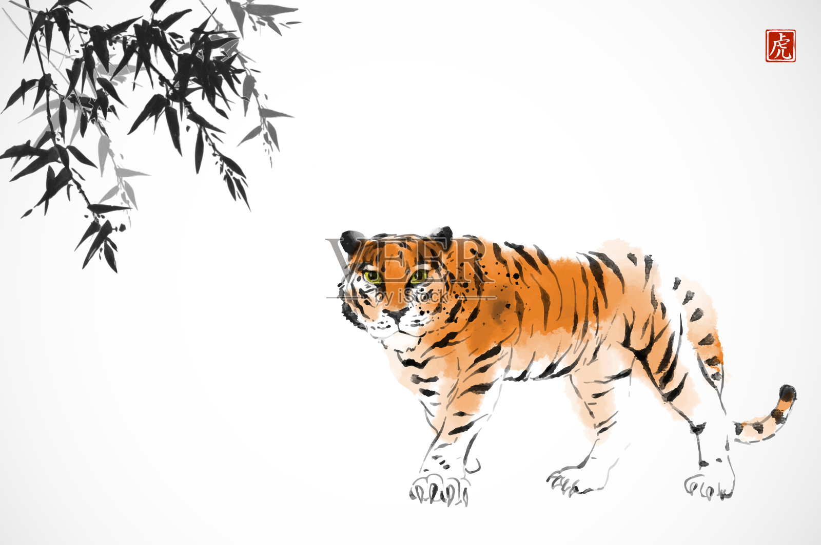 象征2022年中国新年的老虎，以及用墨汁在宣纸上手绘的竹子。传统东方水墨画梅花、梅花、梅花。象形文字——老虎。插画图片素材