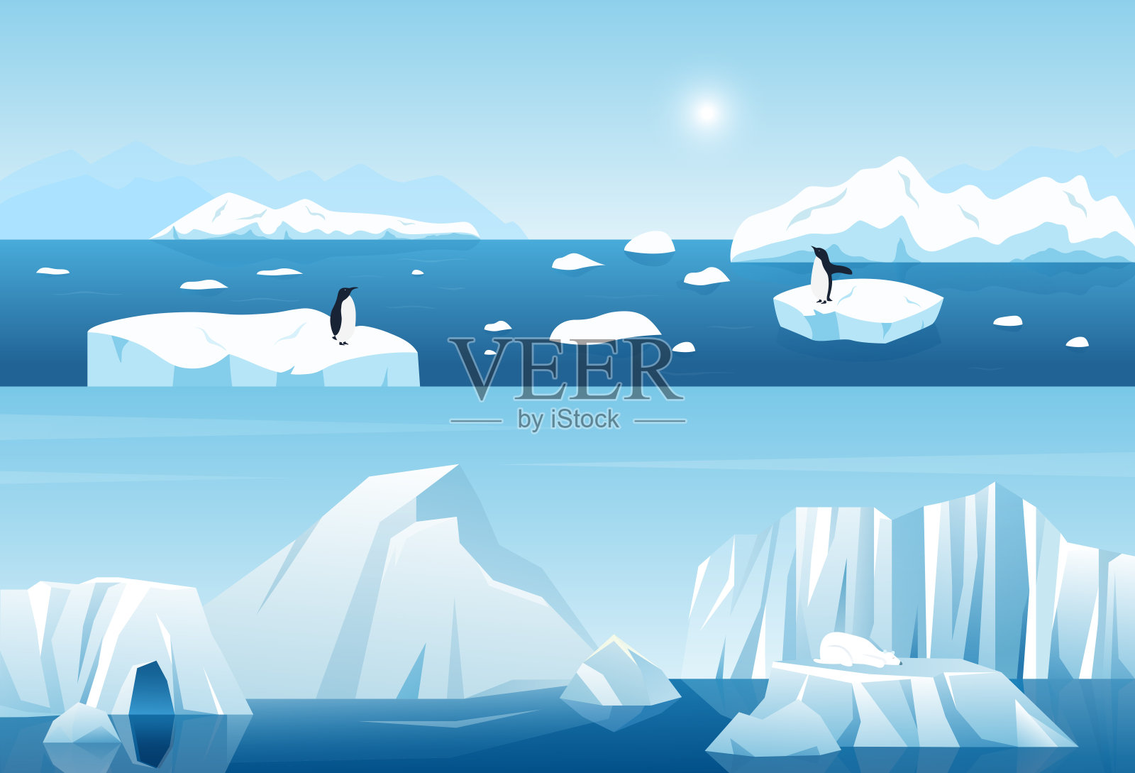 北极冰天雪地的北国风光，企鹅漂浮在雪白的冰山上插画图片素材