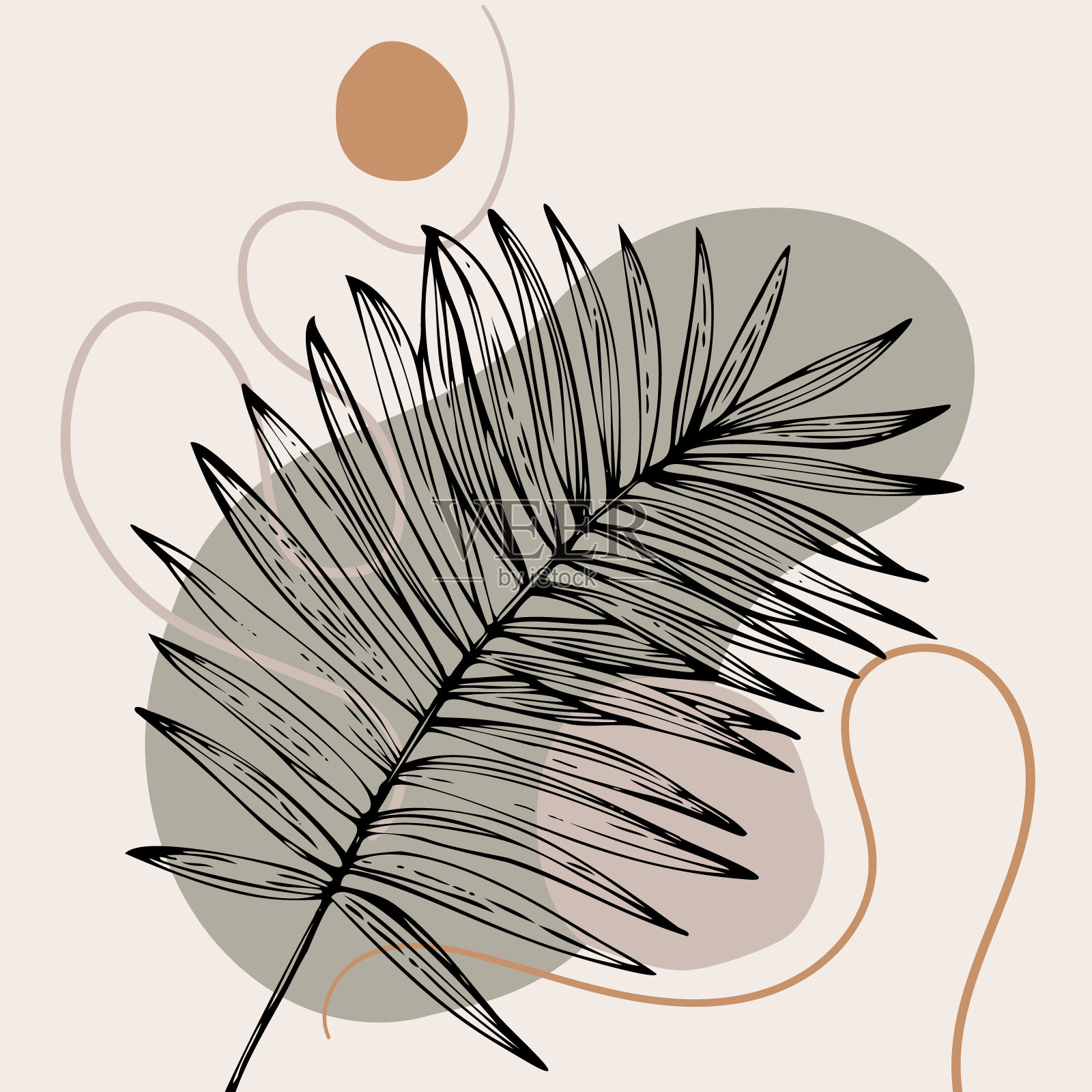 抽象的最小背景:手绘热带树叶剪影，几何形状，曲线插画图片素材