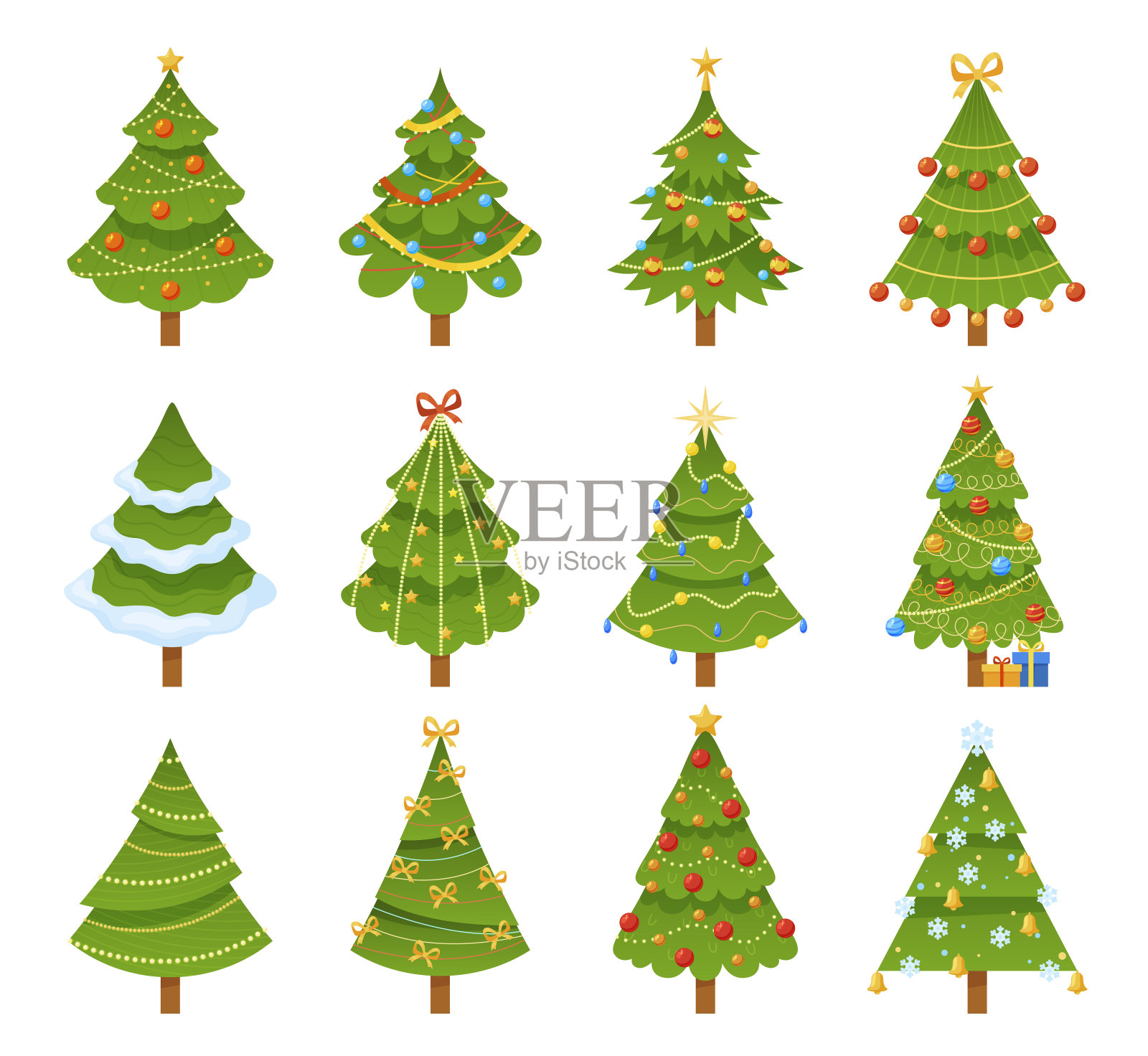节日的圣诞树集合矢量平面插图。圣诞节象征着庆祝寒假插画图片素材