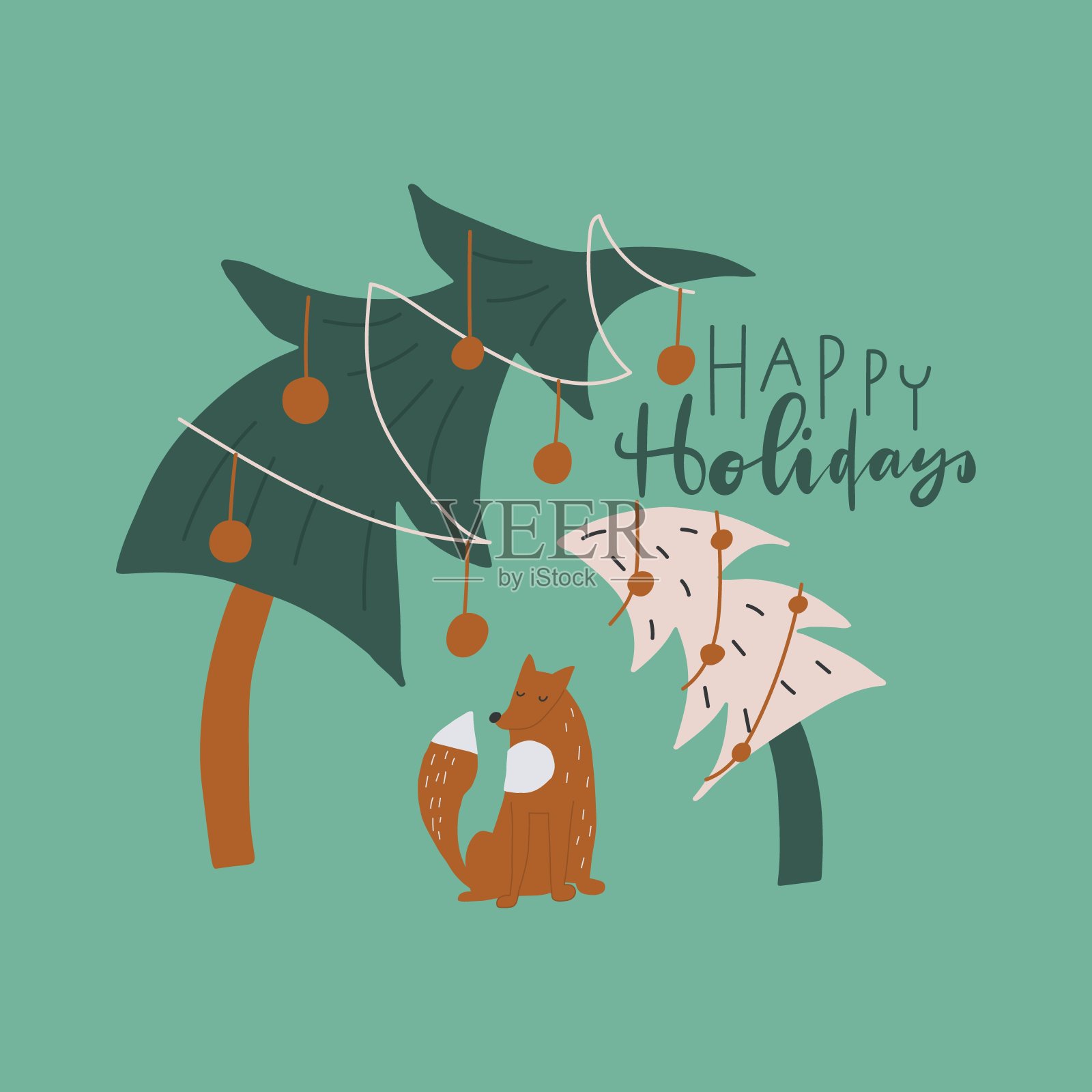 装饰圣诞树，狐狸，文字引用节日快乐插画图片素材