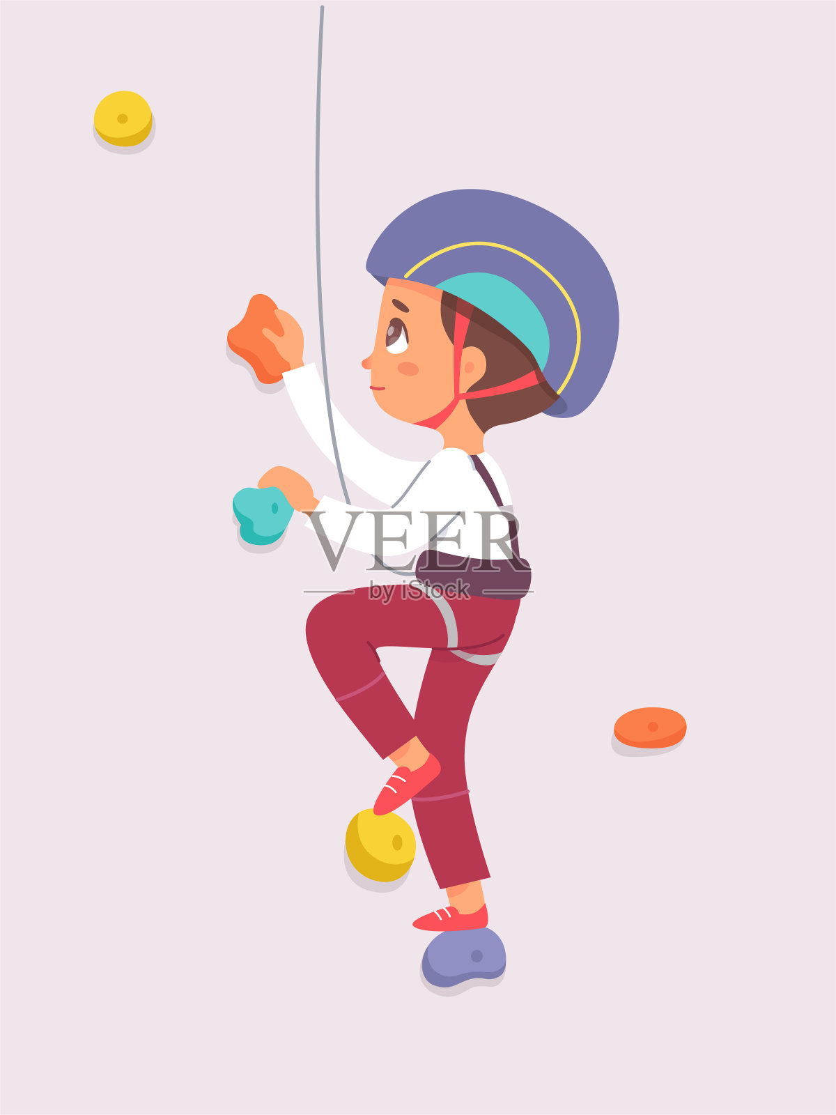 小孩攀爬岩壁，无畏的男孩戴着安全帽抱石，吊在绳子上插画图片素材