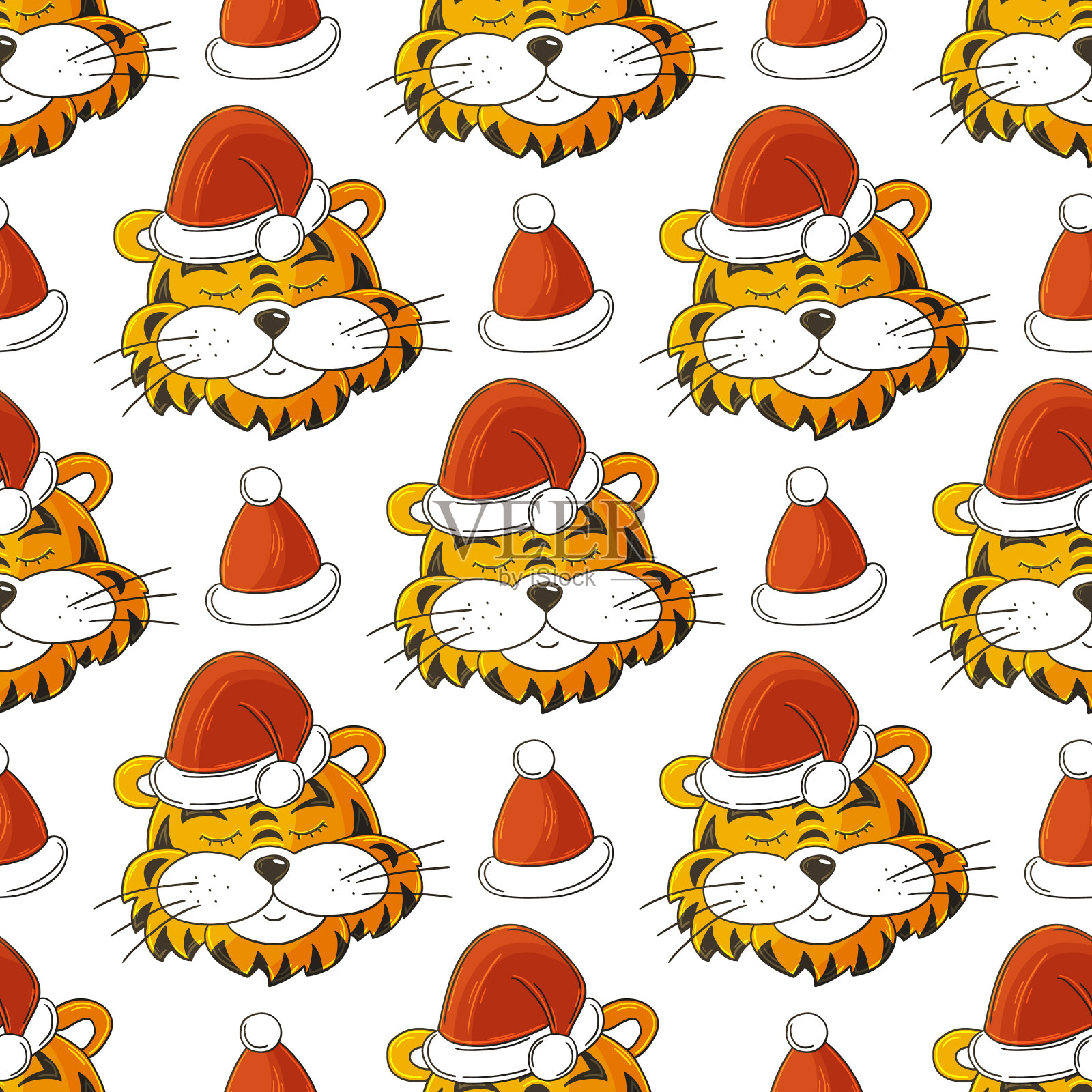 无缝模式与老虎头在圣诞节插画图片素材
