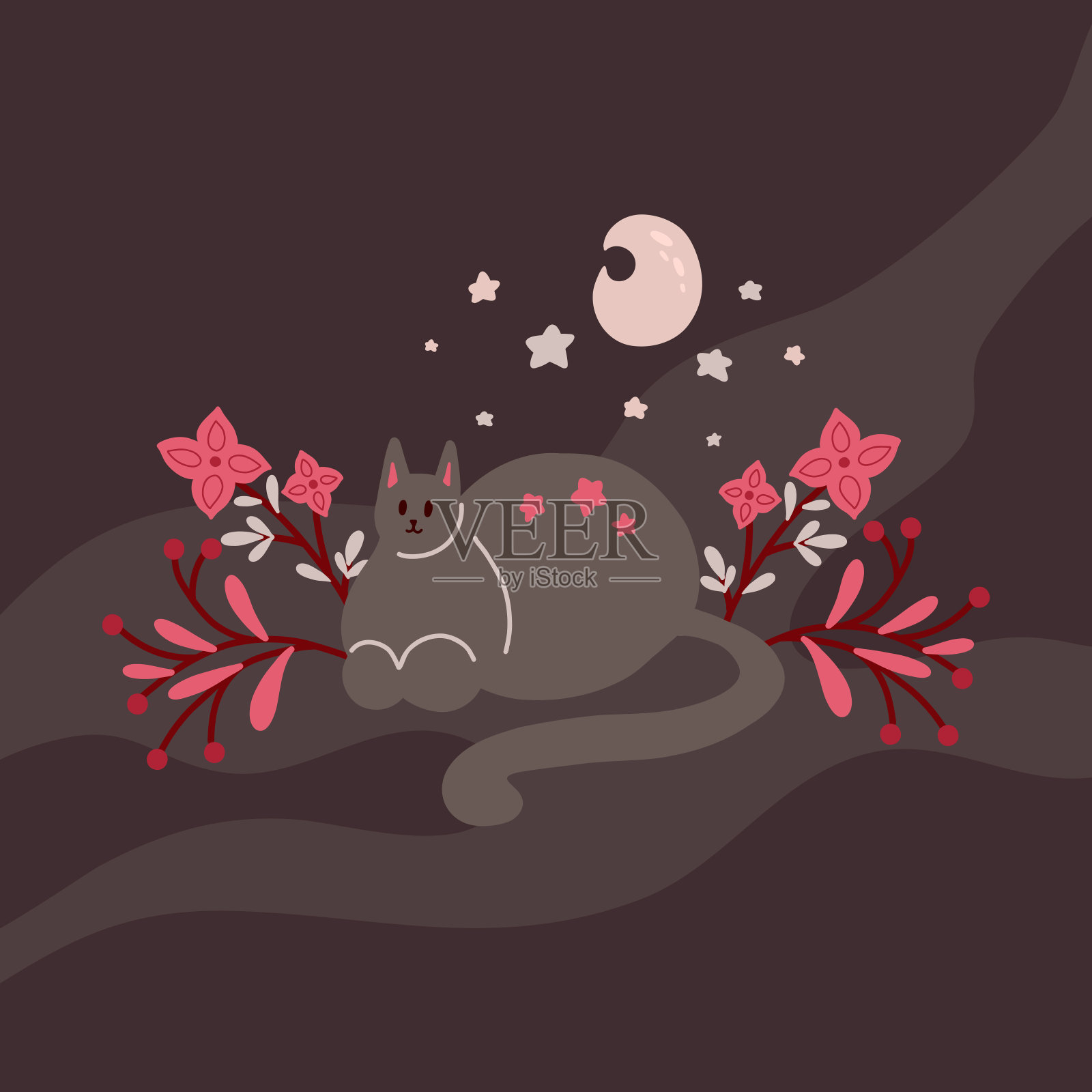 可爱的睡觉猫，星星，月亮和花朵在树枝上。精致的平面插图梦宠物与花卉图案在黑暗的背景。向量的明信片插画图片素材