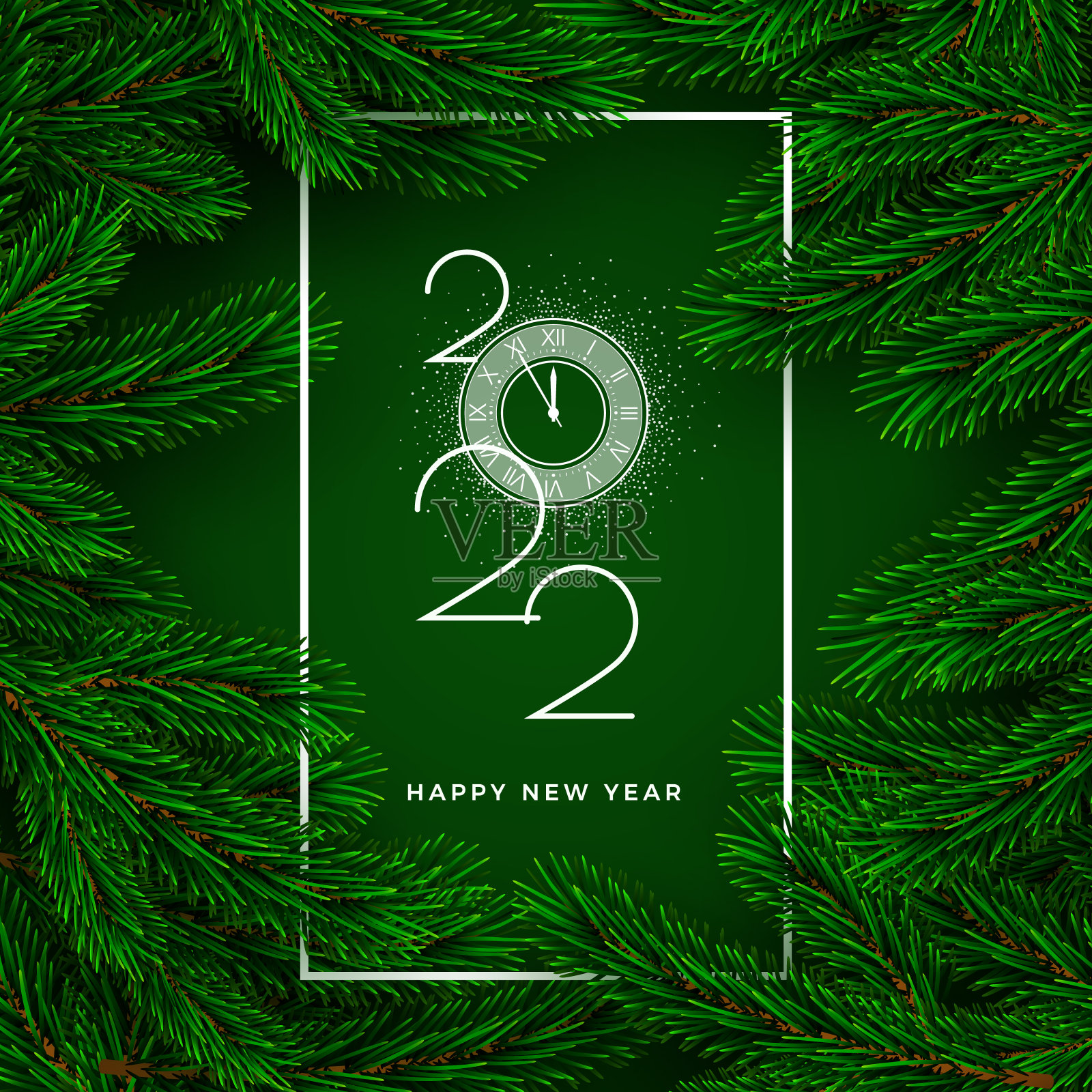 新年贺卡快乐。在午夜倒计时中刻下2022。圣诞树的树枝在黑色的背景与白色的框架和飘落的雪花。向量插画图片素材