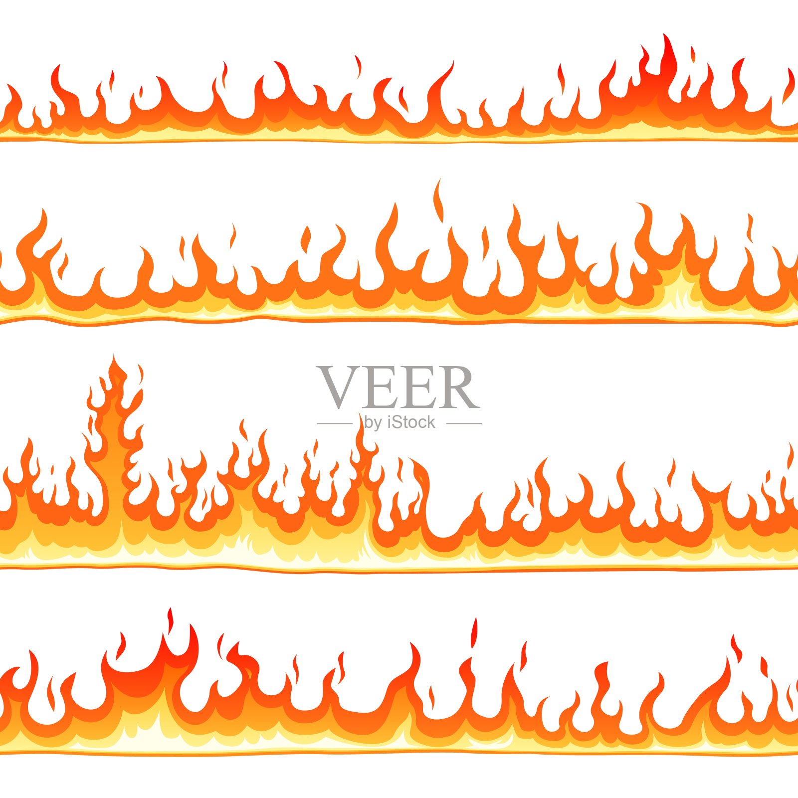 火无缝模式。卡通火焰，火热的火焰边界线。地狱元素，孤立的篝火或火焰。扁平漫画火焰最近矢量背景设计元素图片