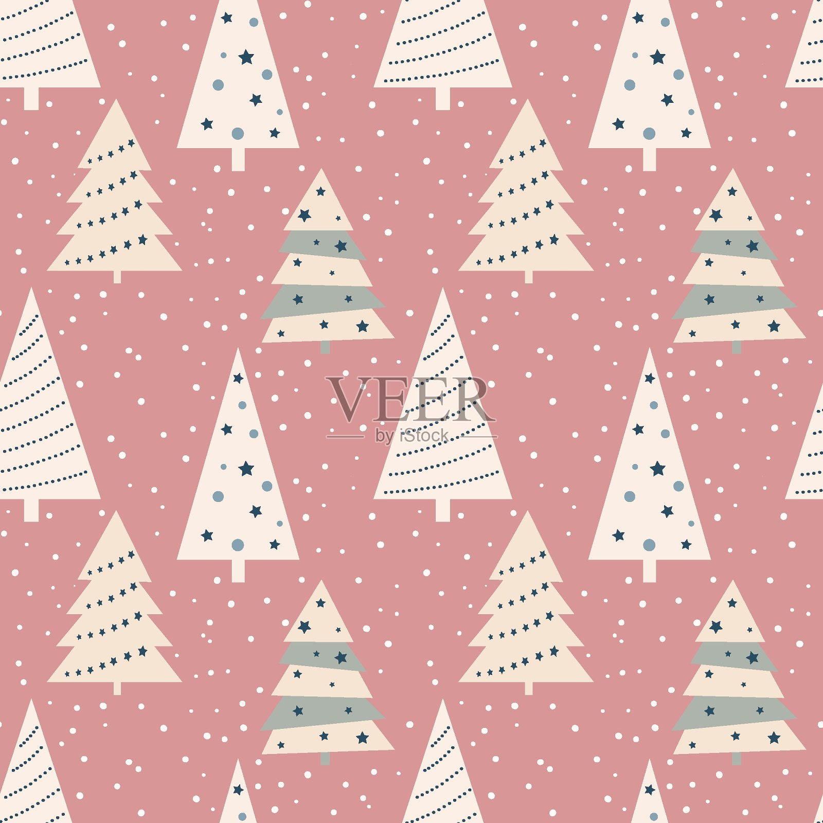 圣诞节无缝模式与圣诞树和雪花在柔和的颜色。背景图片素材