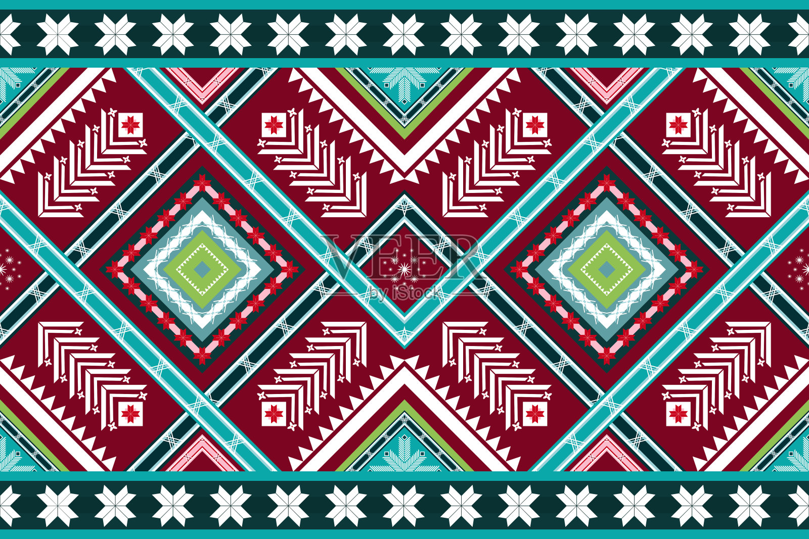 圣诞红蓝编织民族几何东方无缝传统图案。设计背景，地毯，墙纸背景，服装，包装，蜡染，织物。刺绣的风格。插画图片素材