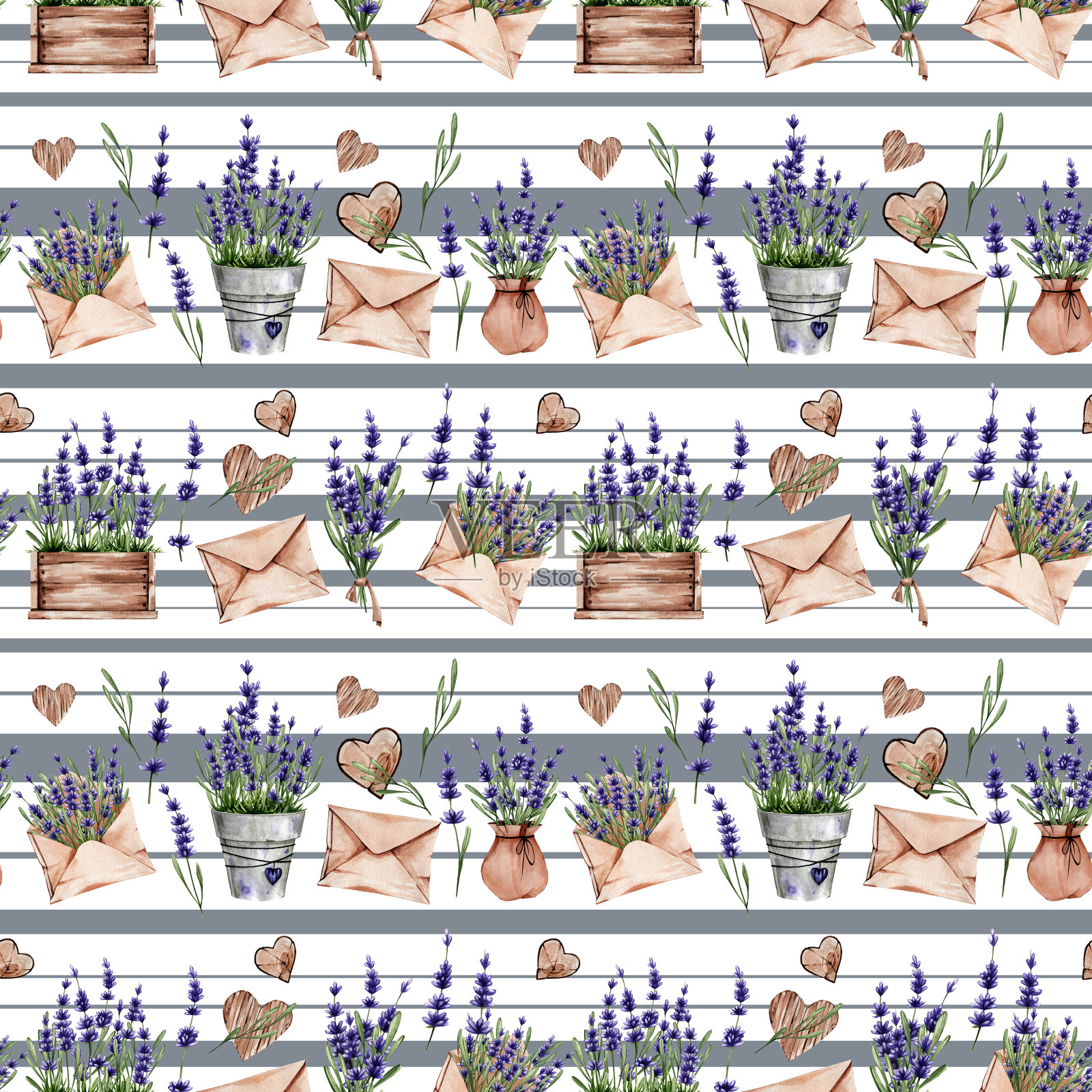 花卉水彩图案与薰衣草在一个花盆，盒子，信封上的条纹背景。一束春天的紫花。适用于织物、纺织品、墙纸、装饰。插画图片素材