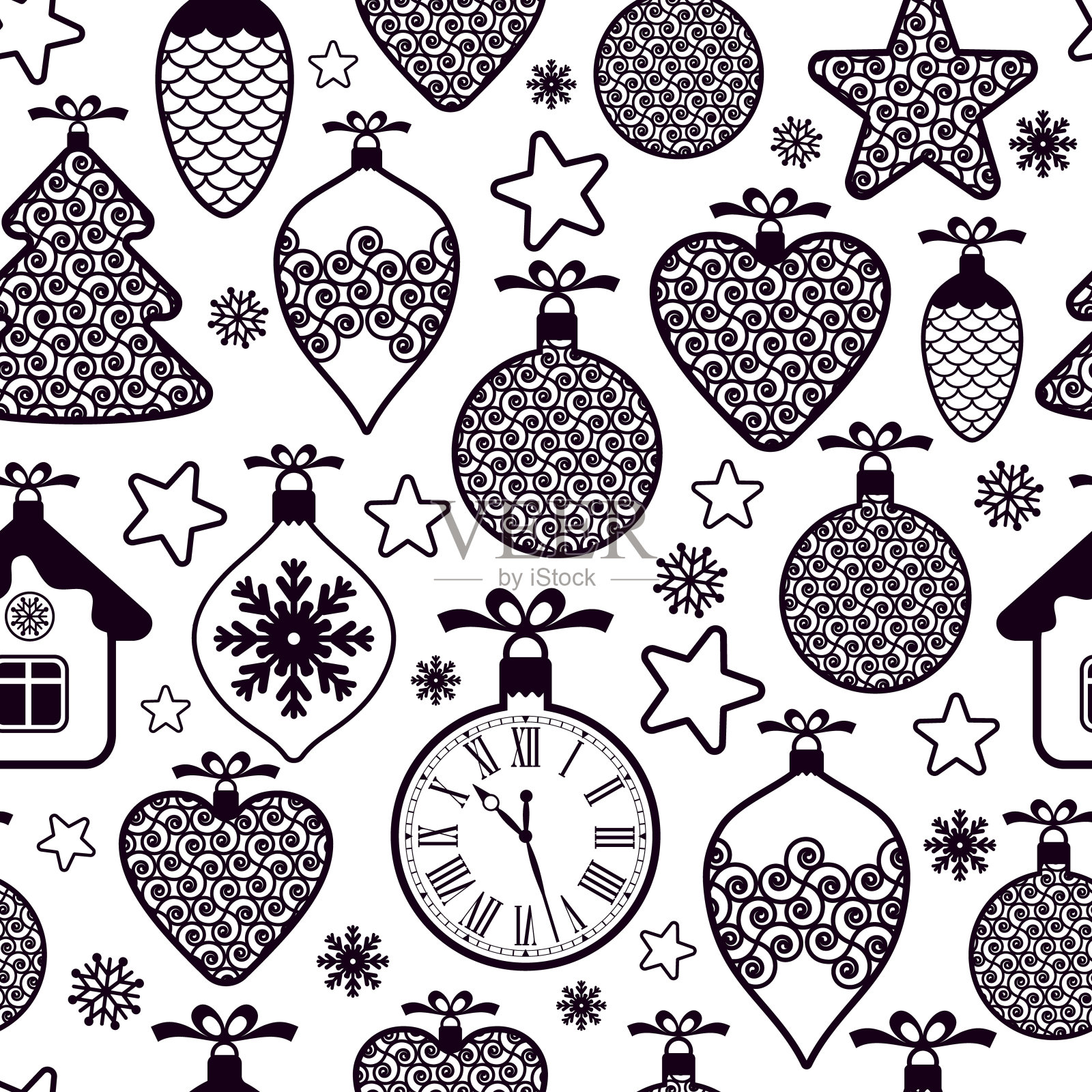 美丽的设计圣诞节无缝模式与圣诞玩具，球，雪花和星星在白色的背景。图形几何表面图案。背景图片素材