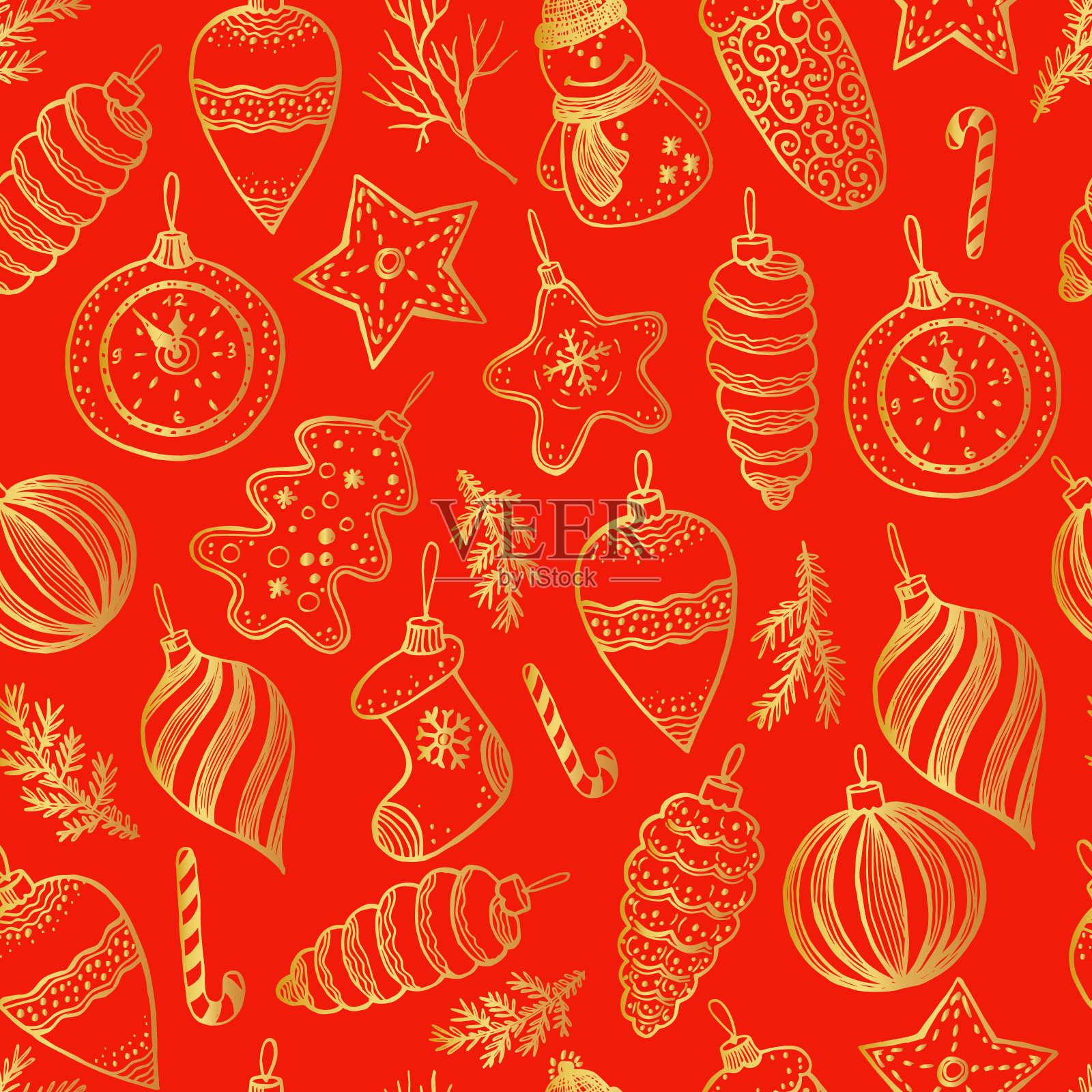 圣诞和新年无缝的图案上有红色的球，玩具和冷杉锥，为圣诞节的金色设计。红色背景上的矢量表面设计。插画图片素材