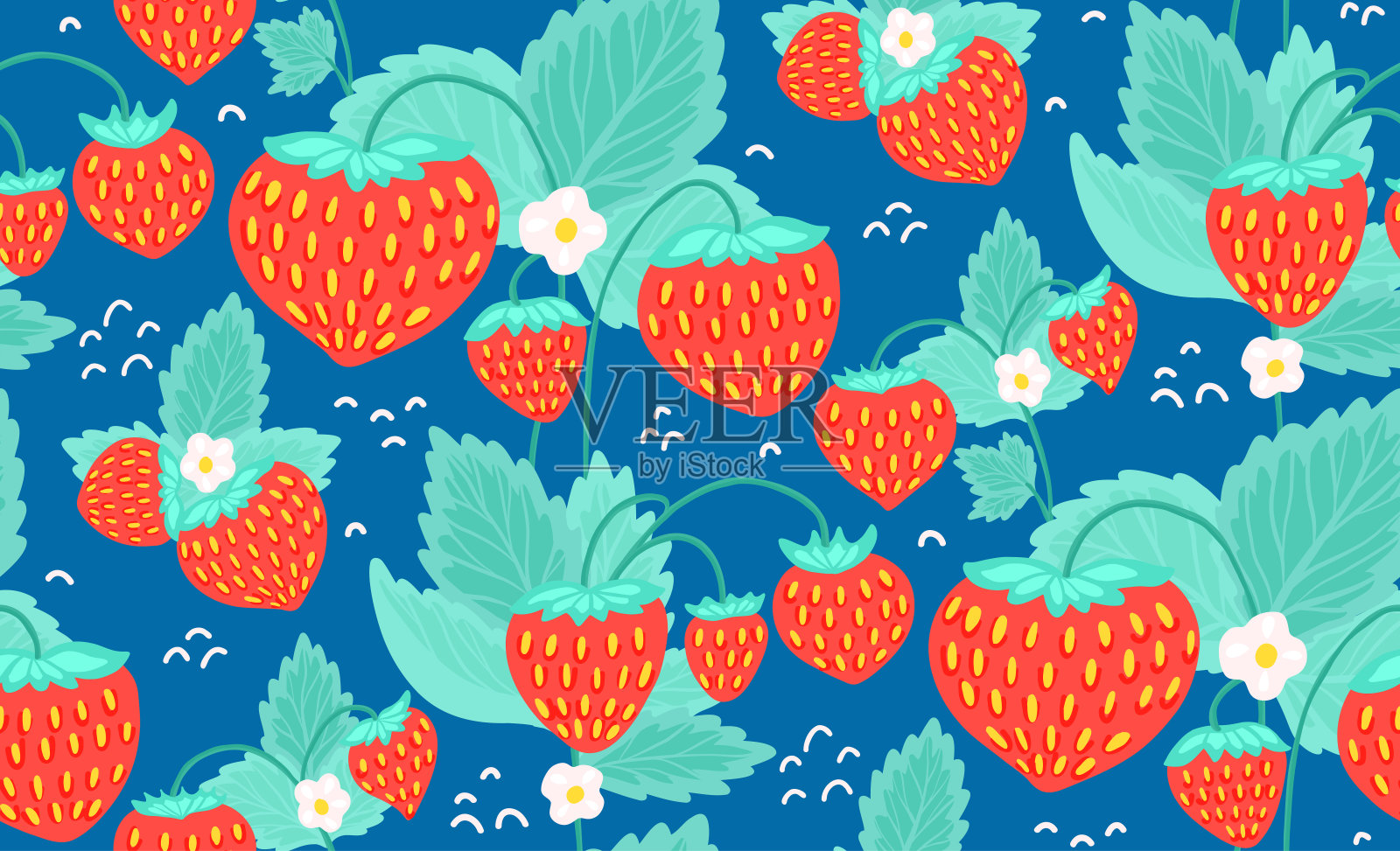 原来无缝的图案草莓，绿色的叶子和小白花在蓝色的背景。夏日质感与手绘浆果。自然的壁纸插画图片素材