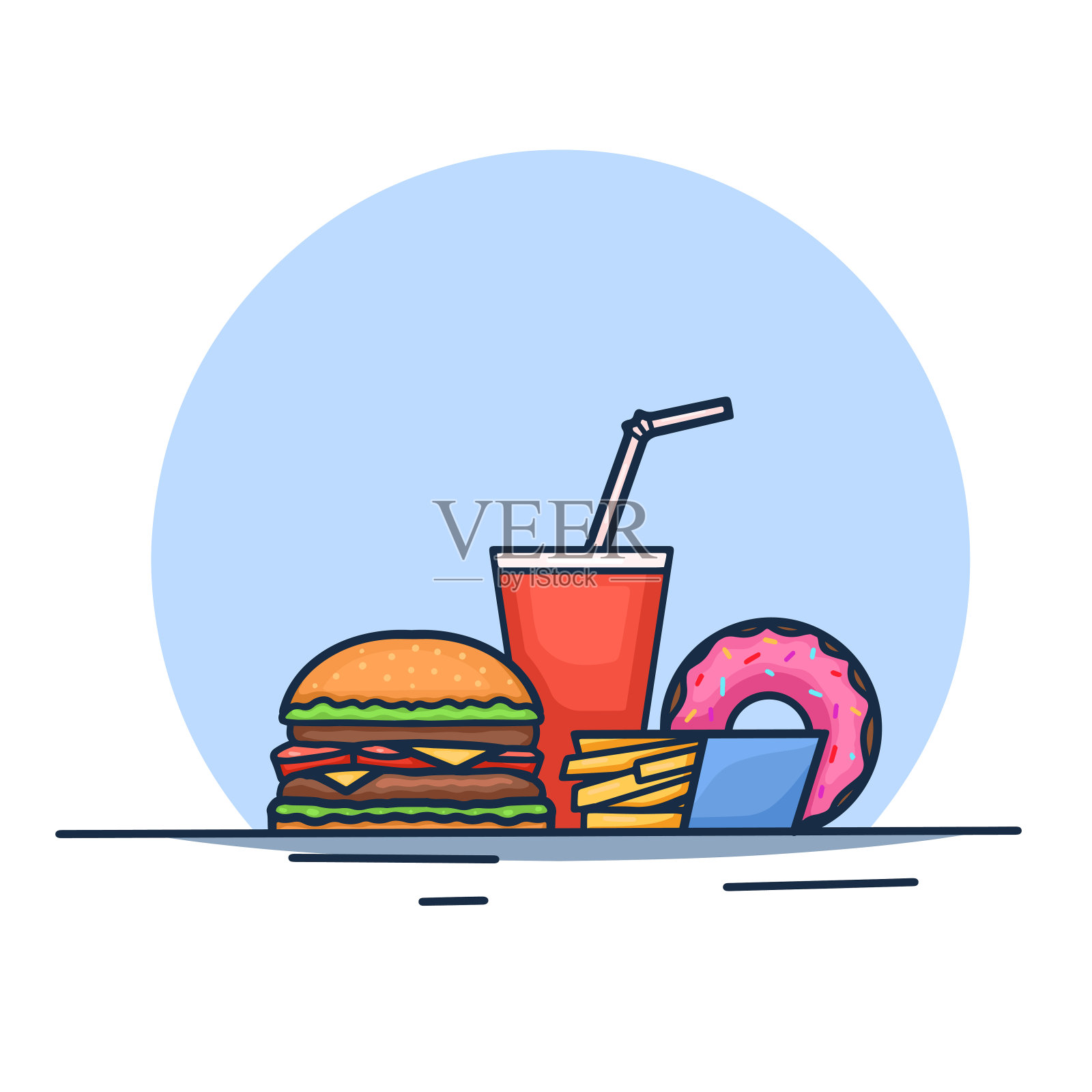 垃圾食品时尚轮廓图。一杯甜苏打水，一个汉堡，薯条和一个甜甜圈。矢量卡通现代轮廓插图插画图片素材