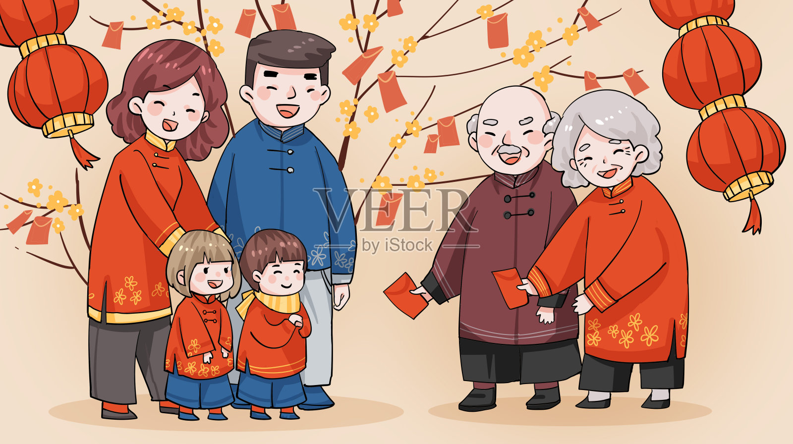 红色红包树逢年过节走亲访友的习俗插画设计元素图片