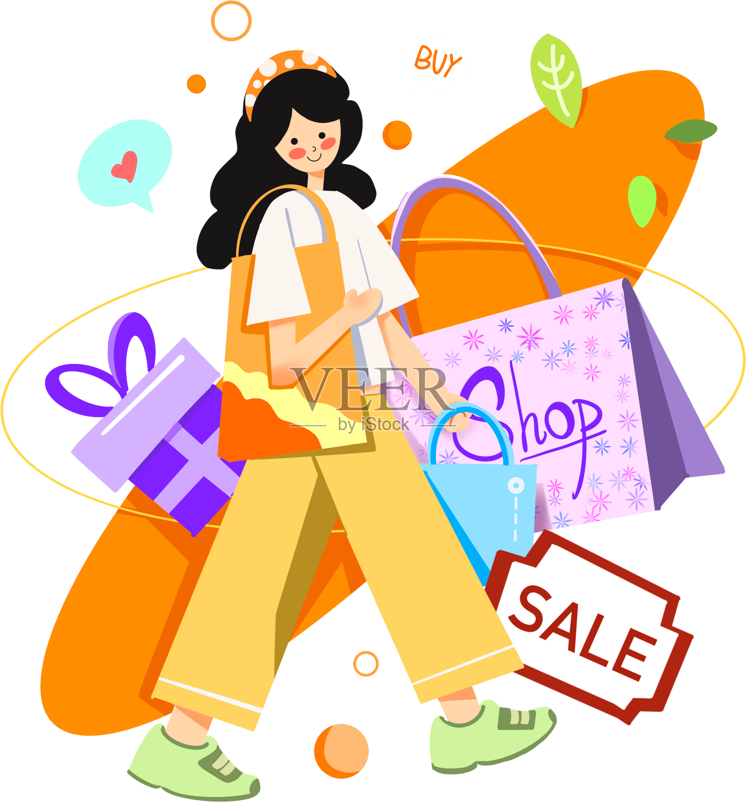 购物促销橙色活力购物的人插画元素设计元素图片