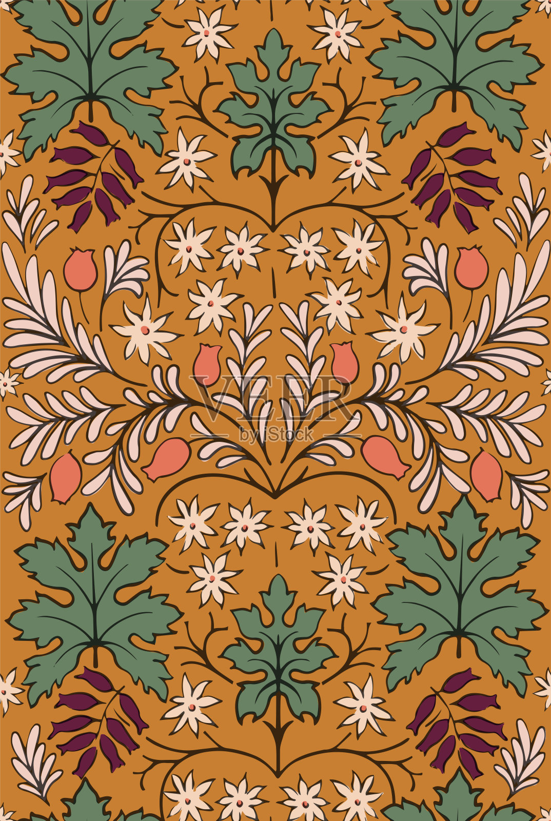 向量复古植物叶和花缎插图无缝重复图案数码艺术品时尚织物家居装饰印花纺织品插画图片素材