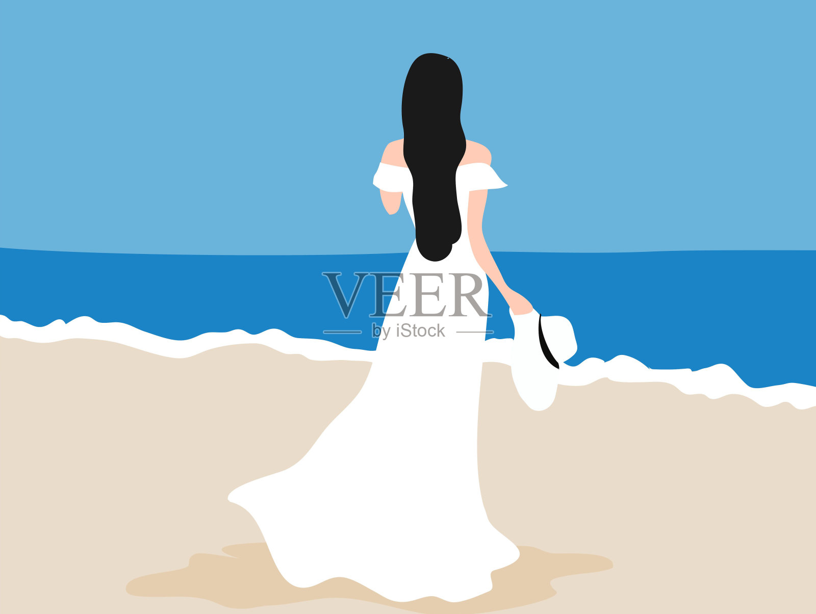 夏天，一个戴着帽子，身穿白色连衣裙的女人站在沙滩上插画图片素材