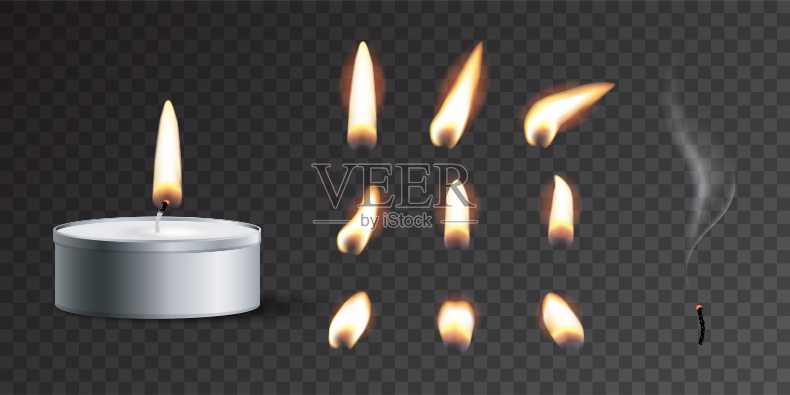 向量现实茶蜡烛与火和蜡烛火设置孤立在透明的背景。插画图片素材