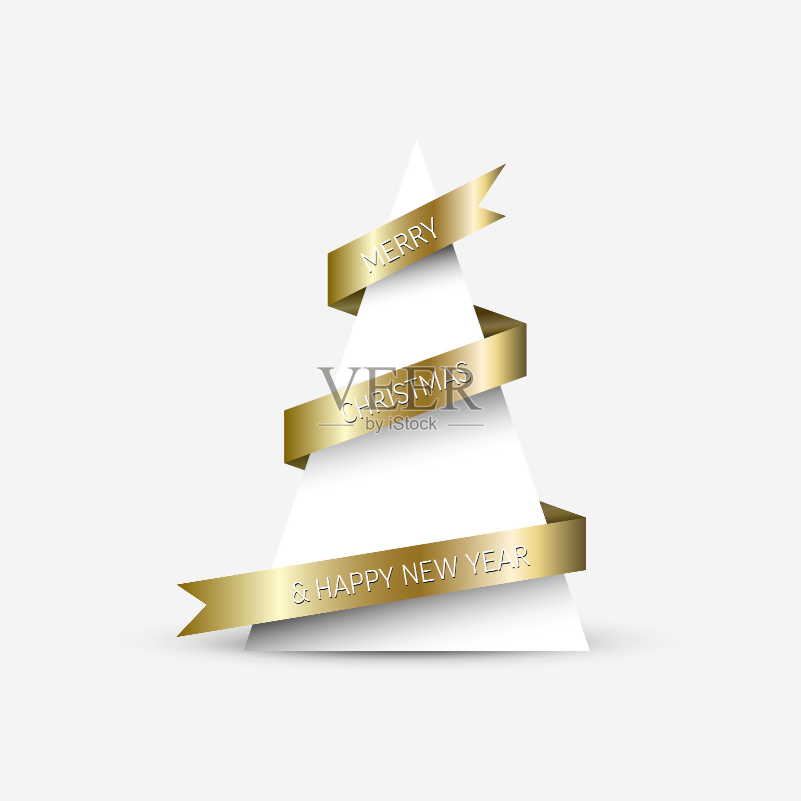 简单的卡片与圣诞树由纸三角形和金色的条纹丝带插画图片素材