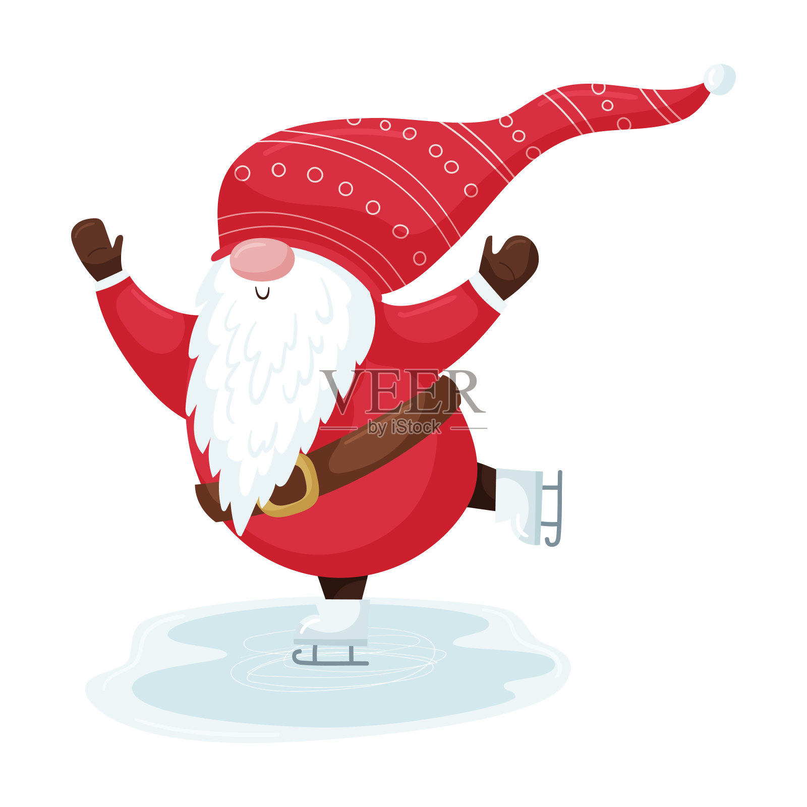 一个戴着红帽子、长着胡子的圣诞小精灵正在溜冰场上滑冰。新年可爱的卡通人物孤立在一个白色的背景。插画图片素材