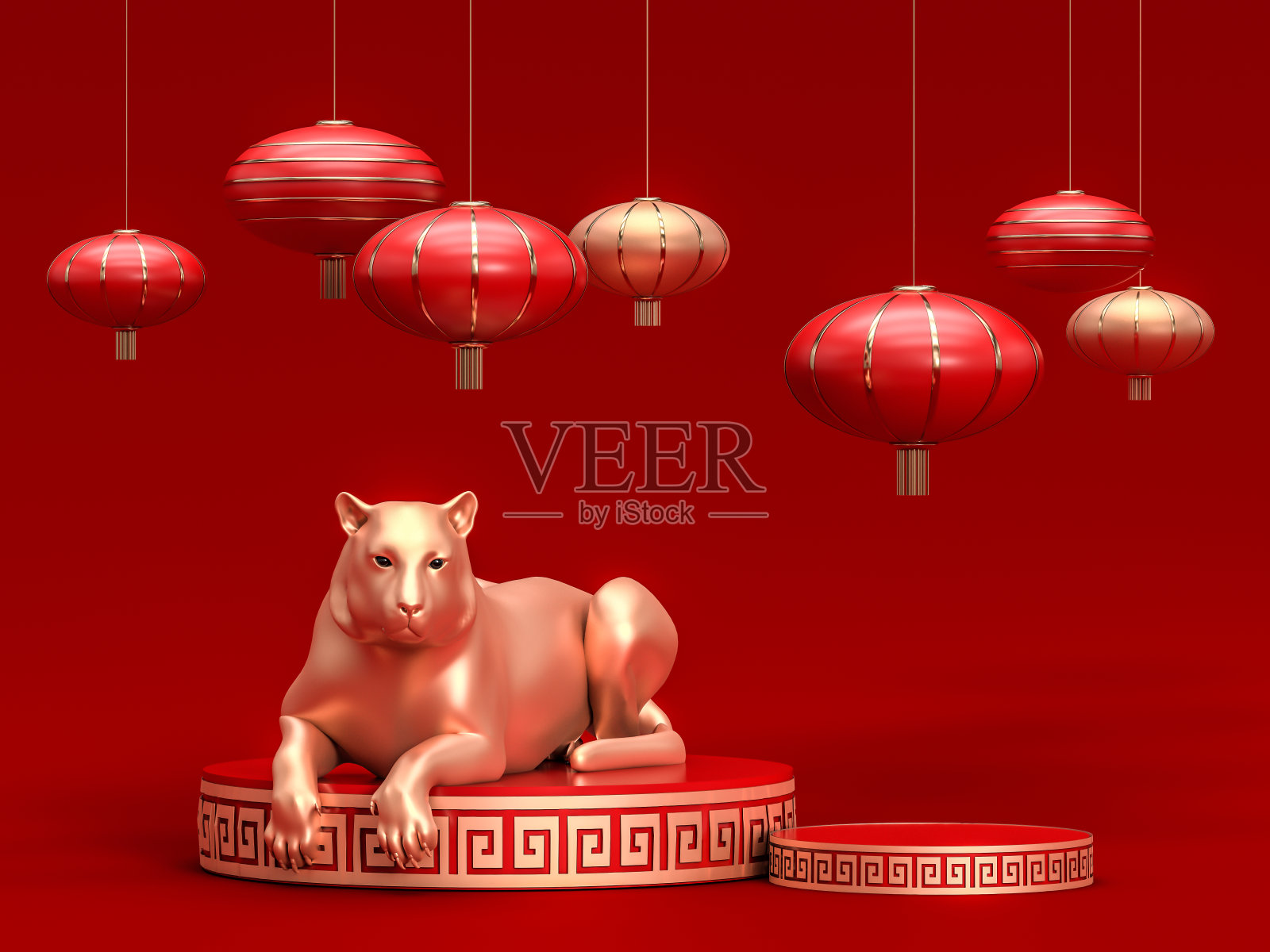 喜庆的红色插图与金老虎在讲台上为中国新年假期与悬挂的亚洲灯笼。三维渲染照片摄影图片