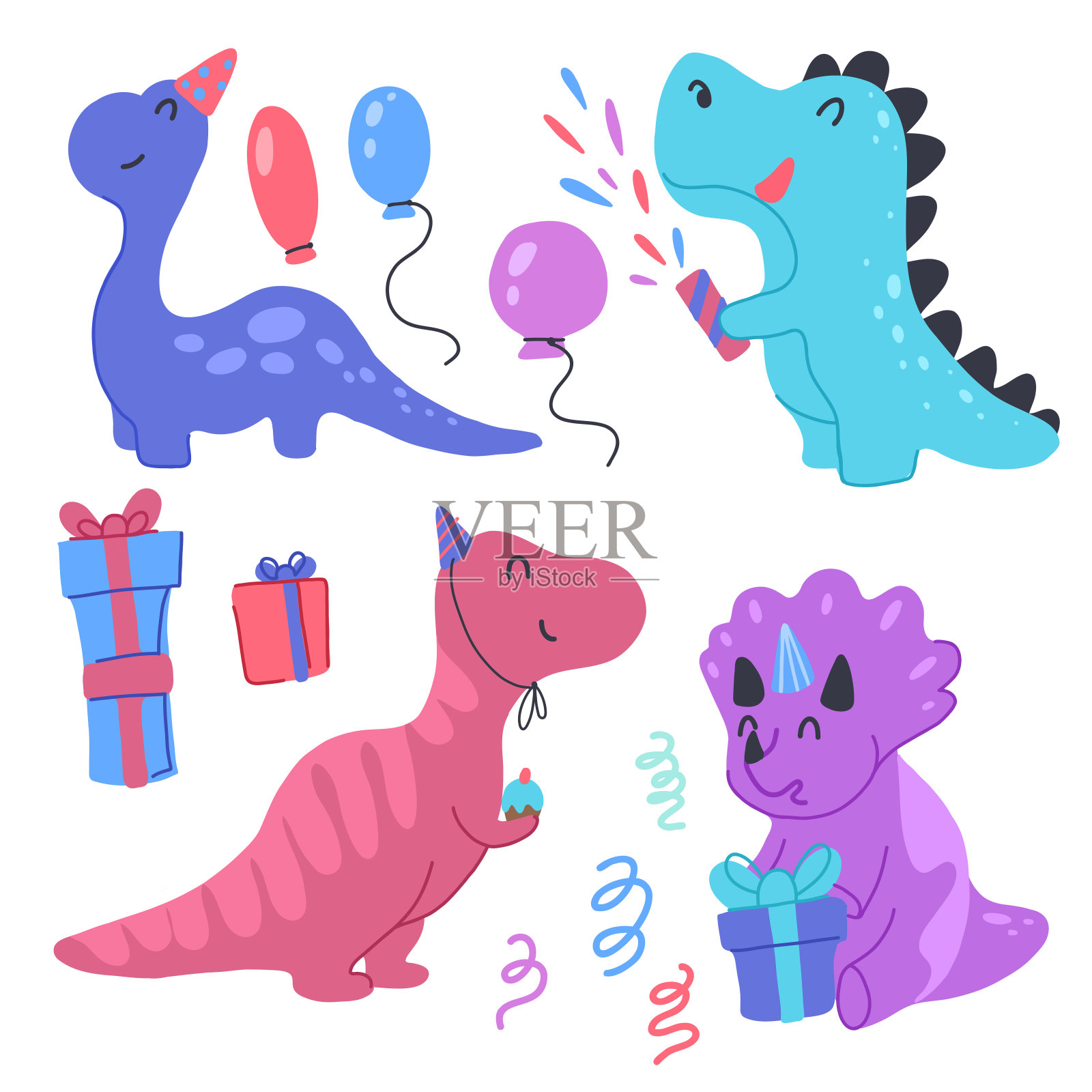 快乐的小恐龙带着生日套装一起庆祝生日。节日聚会。向量儿童卡通婴儿恐龙，气球和礼品盒在明亮的颜色。插画图片素材