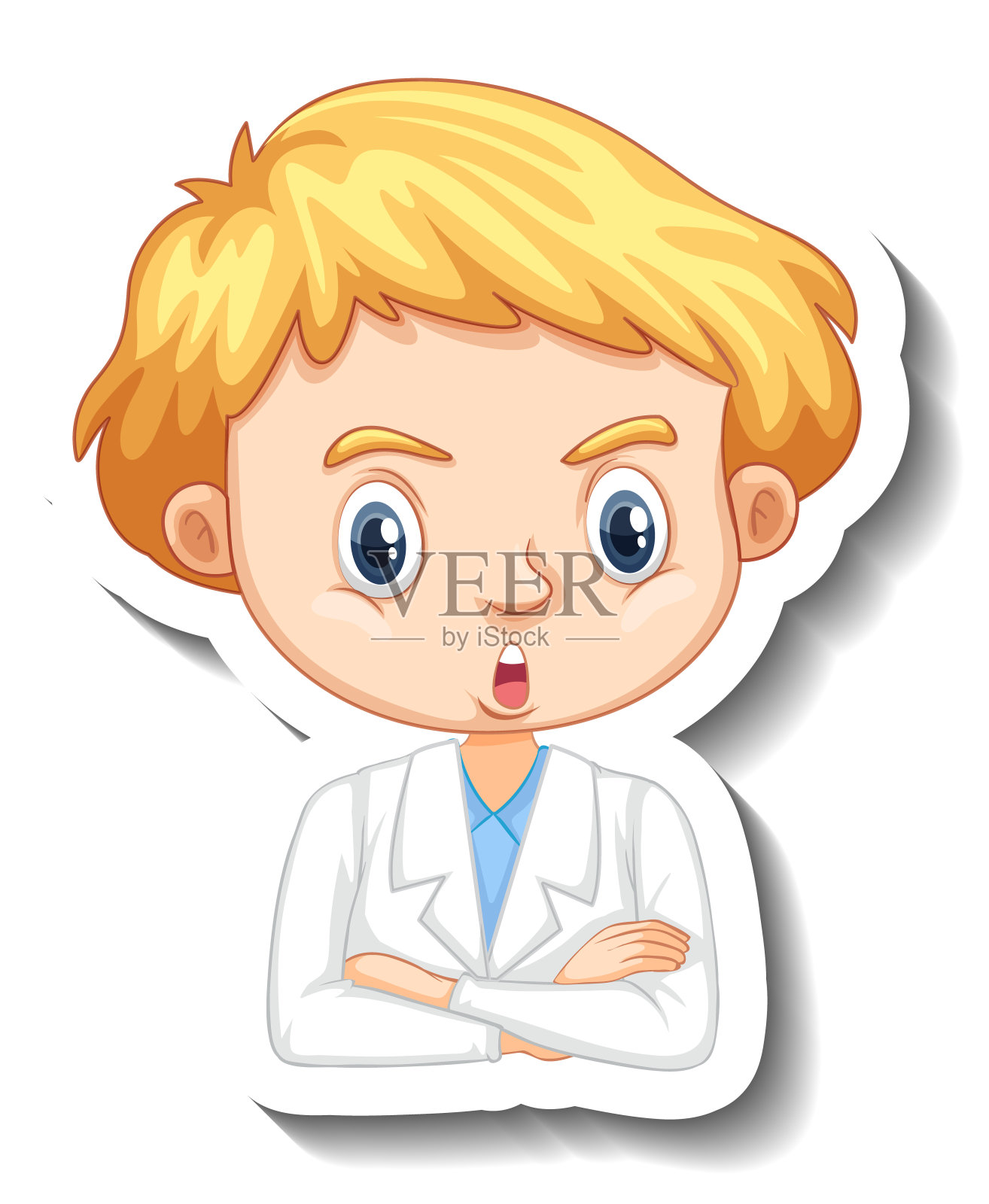 一个穿着科学礼服的男孩的肖像卡通人物贴纸插画图片素材