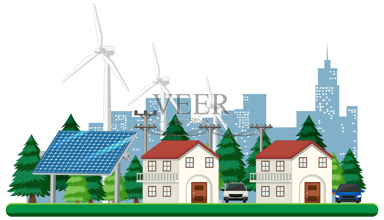 绿色能源由风力涡轮机和太阳能电池板产生插画图片素材