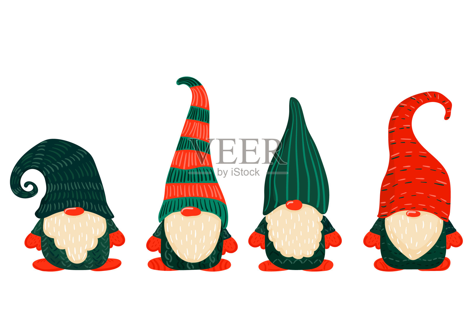Gnome。圣诞斯堪的纳维亚小矮人戴着圣诞老人的帽子。一套平面卡通手绘人物。股票矢量插图孤立的白色背景。插画图片素材