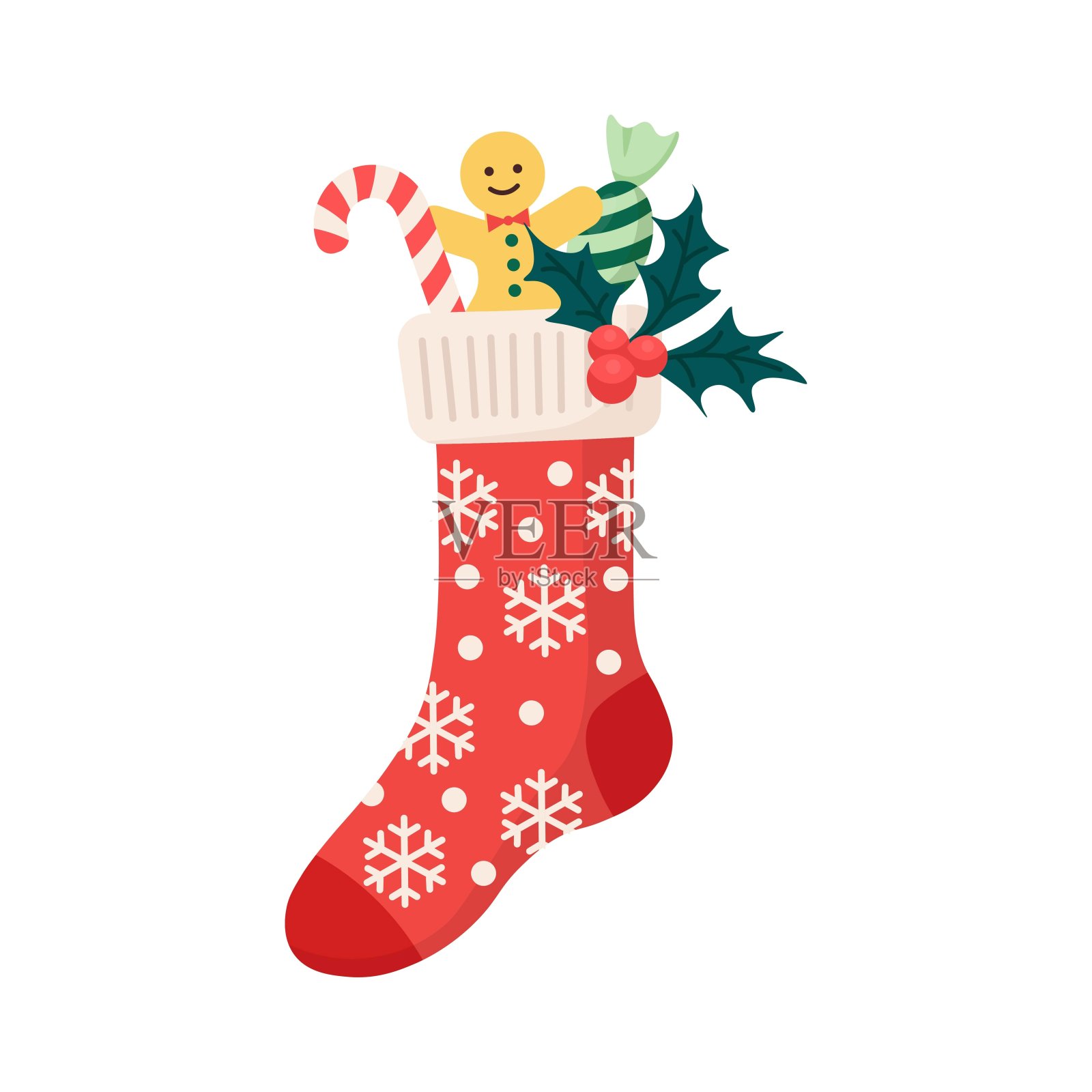圣诞袜与传统节日装饰品姜饼人，糖果，糖果。儿童服装元素与圣诞图案与礼物，惊喜。袜子和雪花。矢量图插画图片素材
