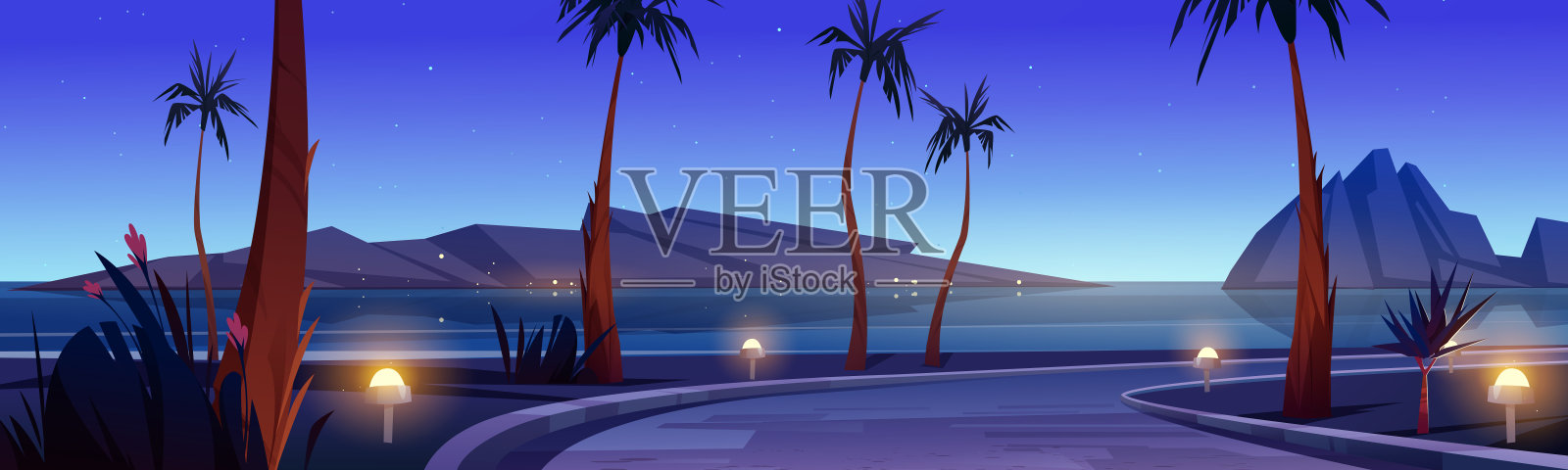 海滩上的道路，晚上有棕榈树插画图片素材