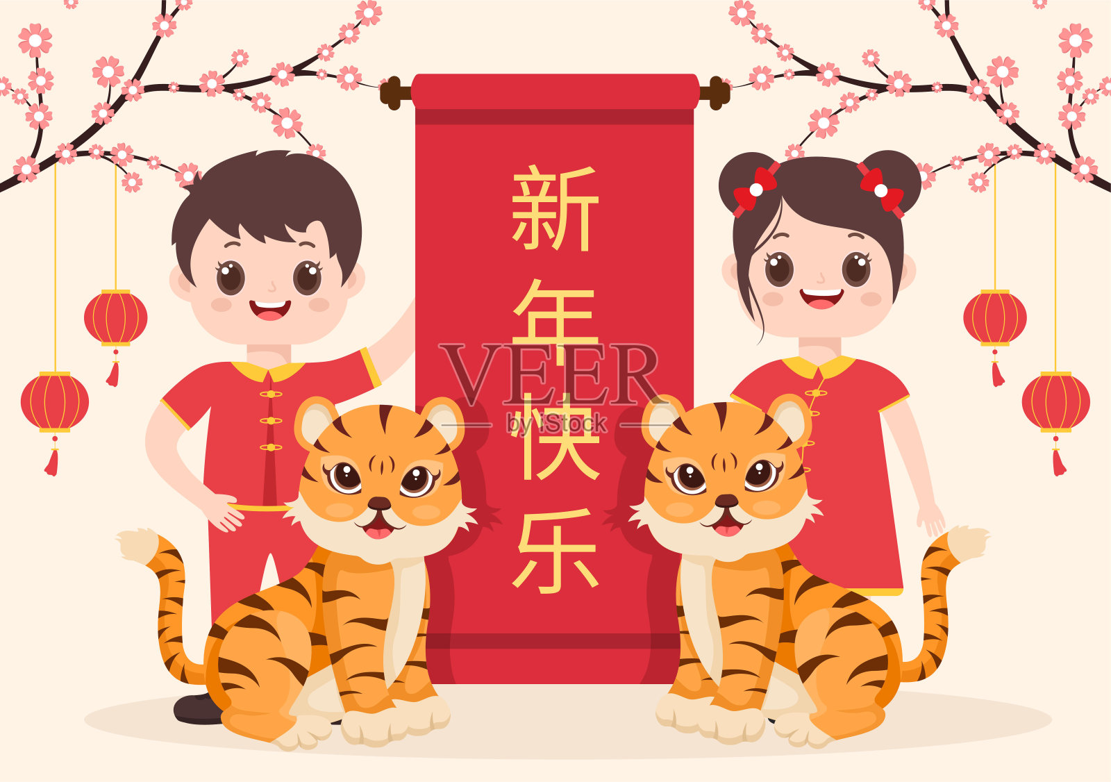 快乐的中国新年2022年与生肖可爱的老虎和孩子在红色背景的贺卡，日历或海报在平面设计插图插画图片素材