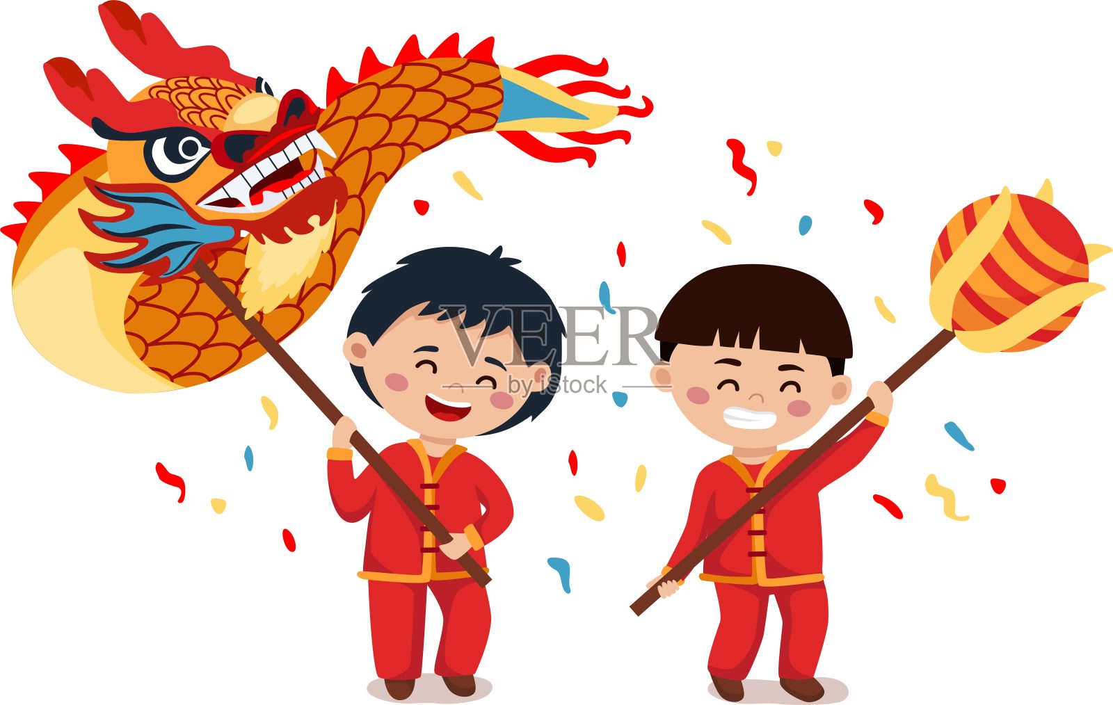中国的新年节日。两个小男孩在舞龙插画图片素材