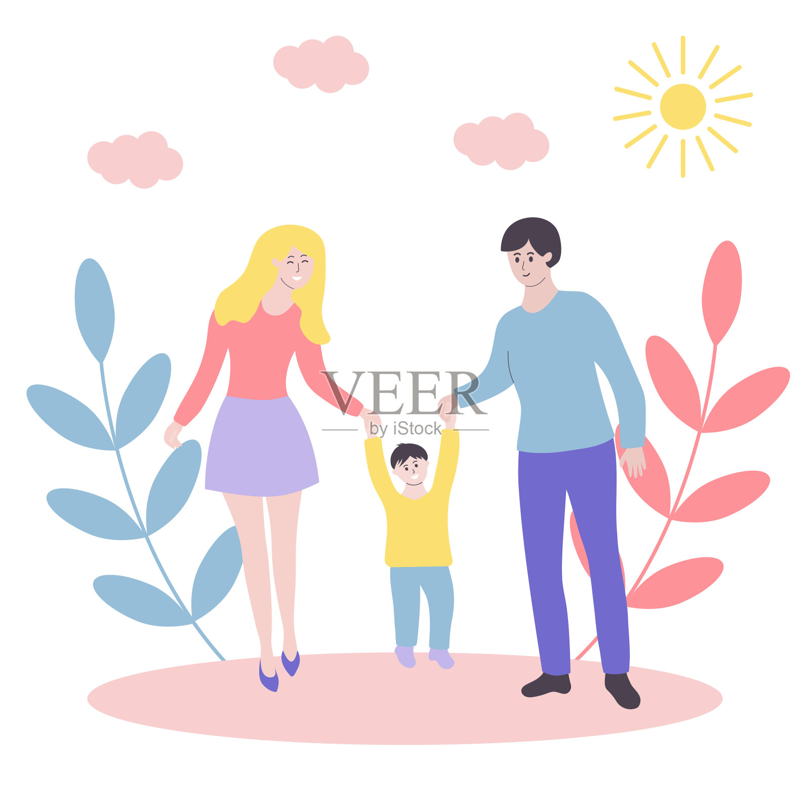 幸福的年轻家庭在散步。妈妈，爸爸和儿子在一起。父母和孩子手牵着手。插画图片素材