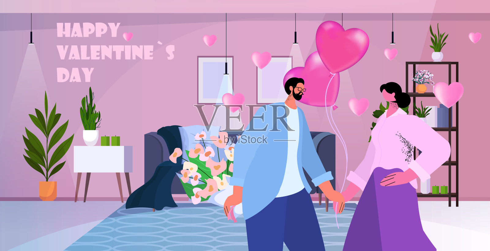 爱的夫妇庆祝快乐的情人节，男人和女人恋爱站在一起，花和粉红色的气球设计模板素材