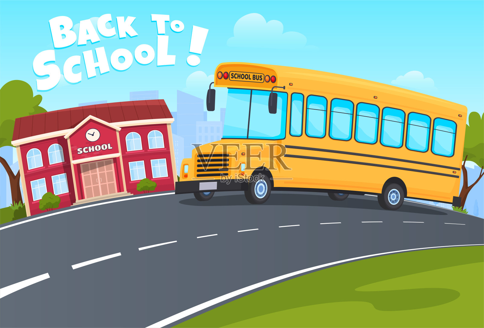 回到学校，黄色巴士骑街社区矢量平面插图插画图片素材