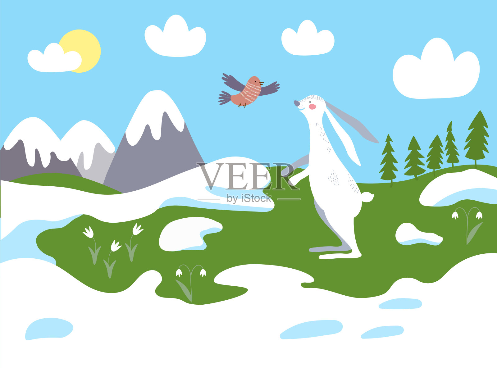 白色的野兔背景的春天景观与山脉。兔子或兔子和鸟。矢量手绘插图。插画图片素材
