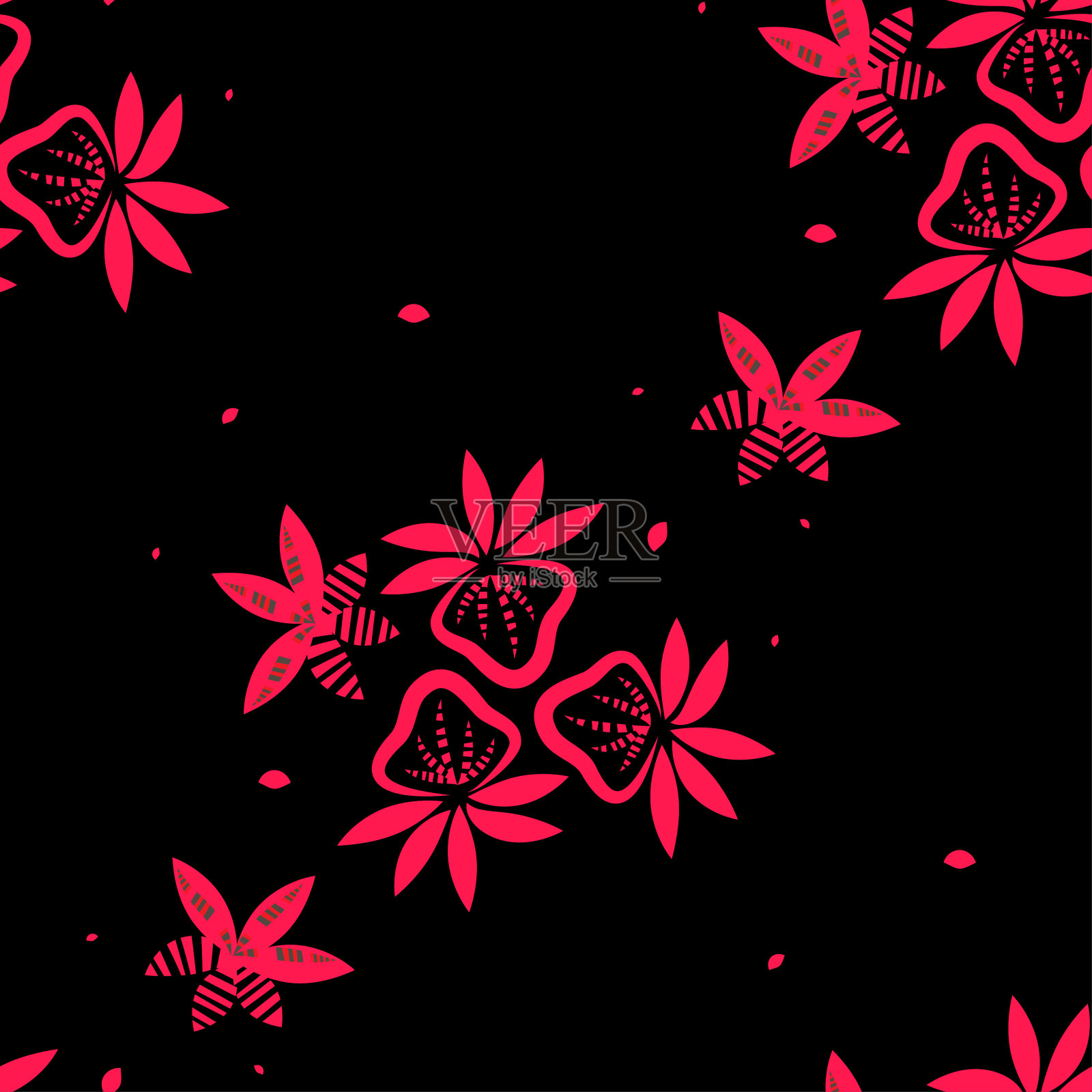 矢量无缝花红色模式在黑色背景与浆果和叶子。插画图片素材