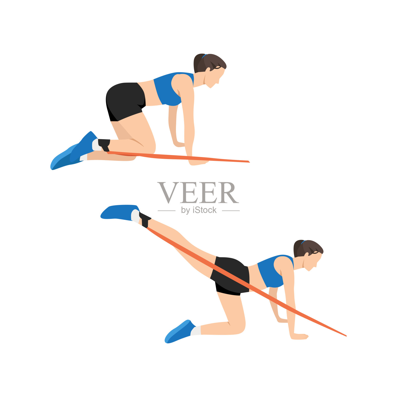 女人做驴踢练习在地板上两步。以腿部和大腿为锻炼目标。插画图片素材_ID:401670757-Veer图库