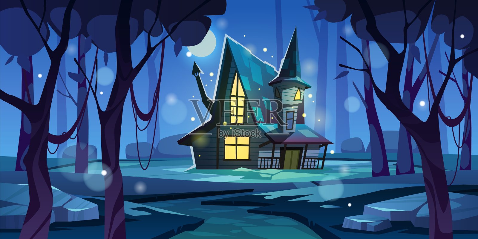 黑森林的房子。神秘的夜晚在木材的家，游戏的位置，幽灵的女巫居住，万圣节的自然景观，水平插图神秘的月光，恐怖整洁的矢量概念插画图片素材
