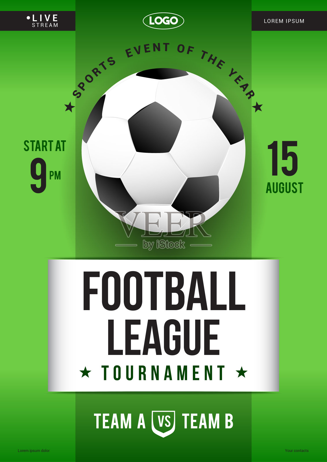 足球联赛海报矢量插图。绿色背景上的足球。插画图片素材